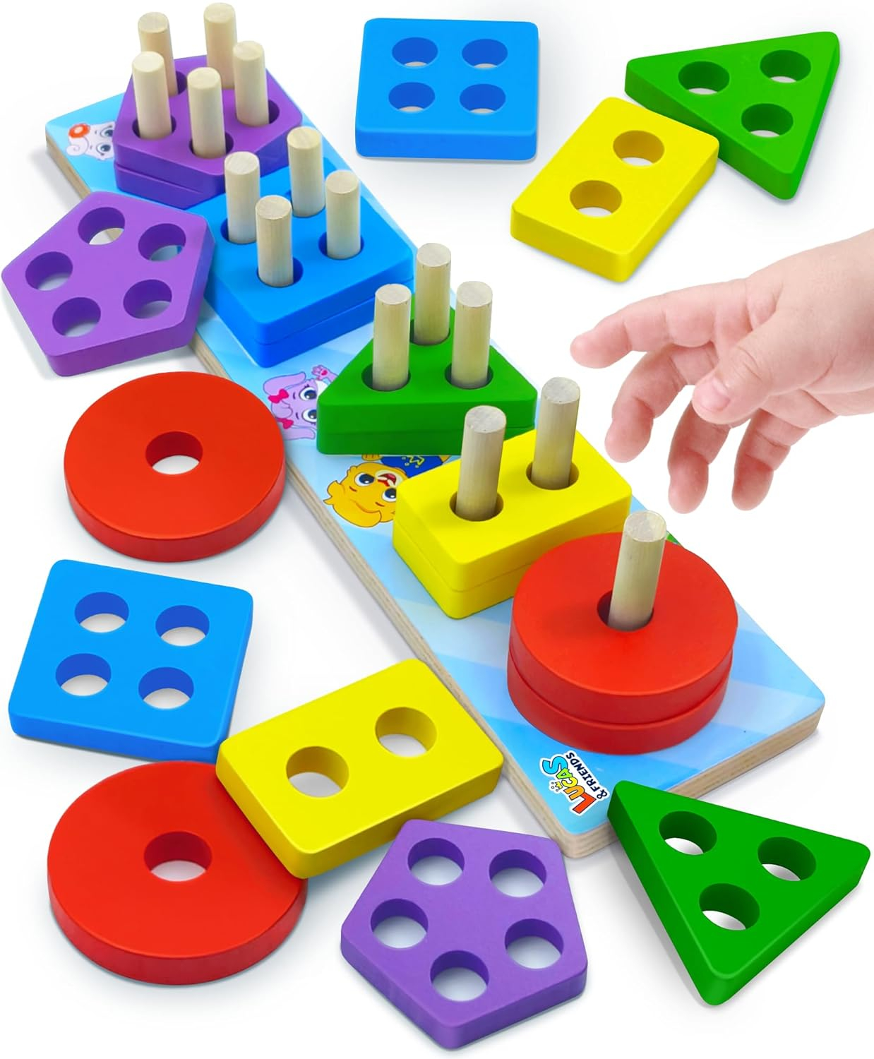 Lucas & Friends Sorting & Stacking Toys, Wooden Puzzle Toy for Learning Shapes and Colors
