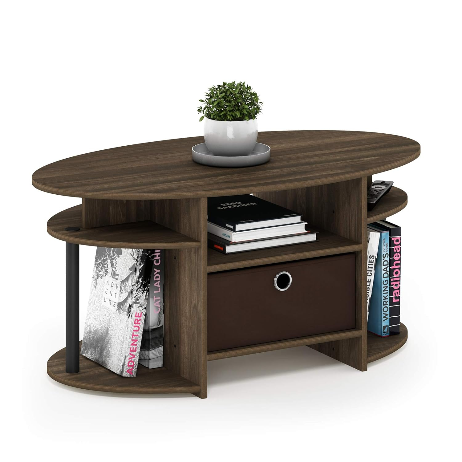 Furinno JAYA Simple Design Oval Coffee Table with Bin, Columbia Walnut/Black/Dark Brown