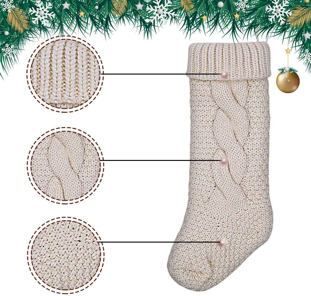 18" Large Size Cable Knit Christmas Stockings,Unique Burgundy Xmas Stocking Decorations for Family Holiday Season Decor (White)