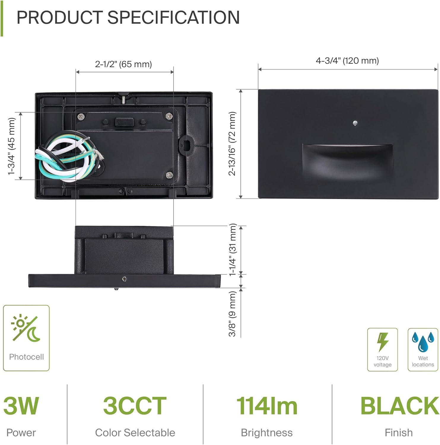 ASD LED Step Light Fixture | 3W 120LM 3000K-5000K 120V | 3CCT, Photocell, Waterproof, ETL Listed | Dusk To Dawn Stair Lamp, Outdoor Tread Lighting, Staircase Spotlight | Black, 4 Pack