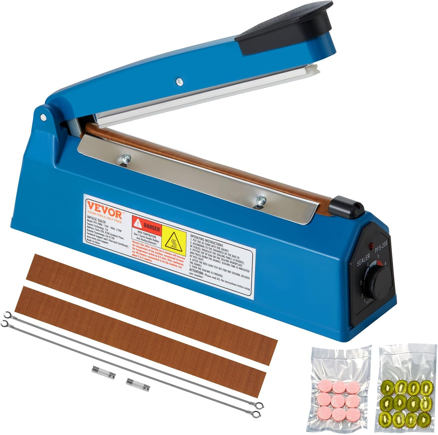 VEVOR 8-Inch Impulse Sealer, Adjustable Heat Manual Sealing Machine for Plastic, Mylar, PE, PP Bags - Portable Shrink Wrap Sealer with Extra Replacement Kit