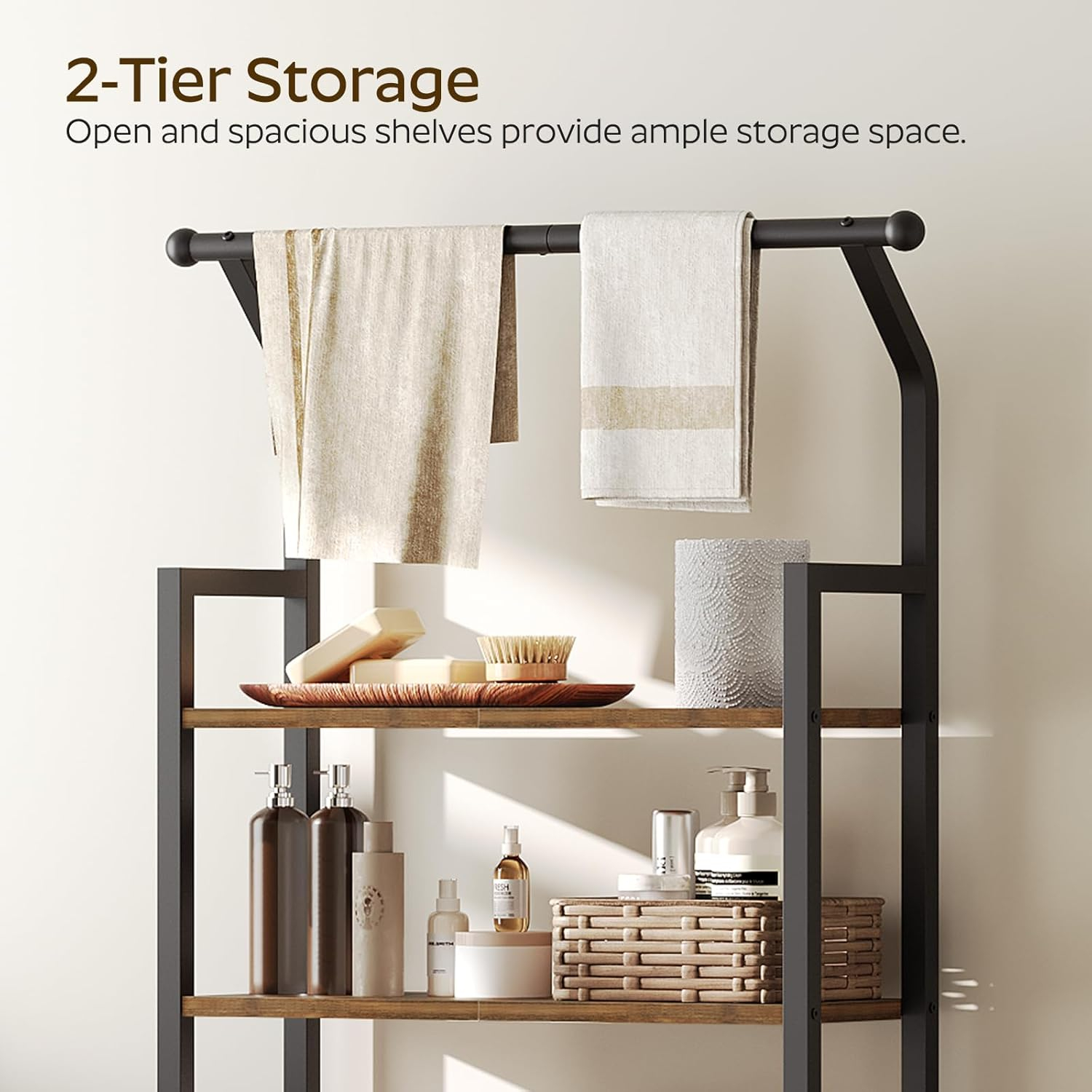 Over The Toilet Storage, 2-Tier Bathroom Organizer Shelves with Hooks, Multifunctional Vertical The Toilet Shelf Storage Rack for Bathroom, Rustic Brown and Black TR01BR