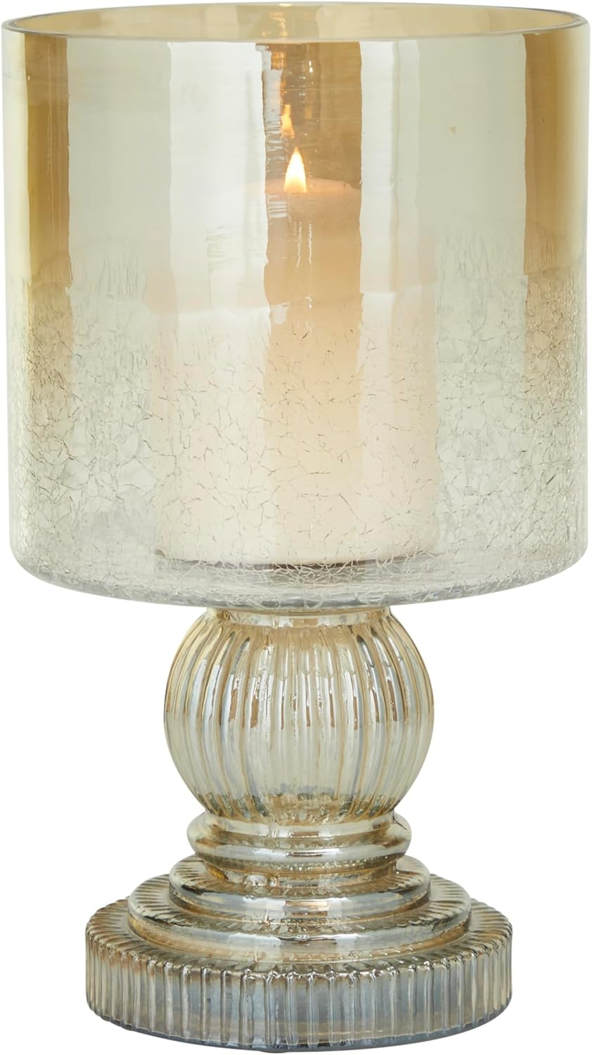 DecMode Brass Glass Handmade Turned Style Pillar Hurricane Lamp with Faux Mercury Glass Finish