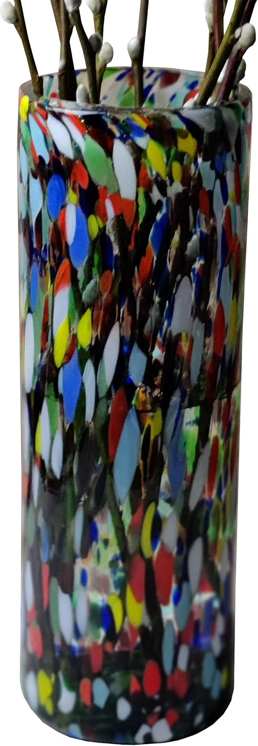 Dos Sueños Mexican Hand Blown Glass Vase (11.5" x 4") – Confetti Carmen Colorful Flower Vase, Centerpiece, Cylinder Vase