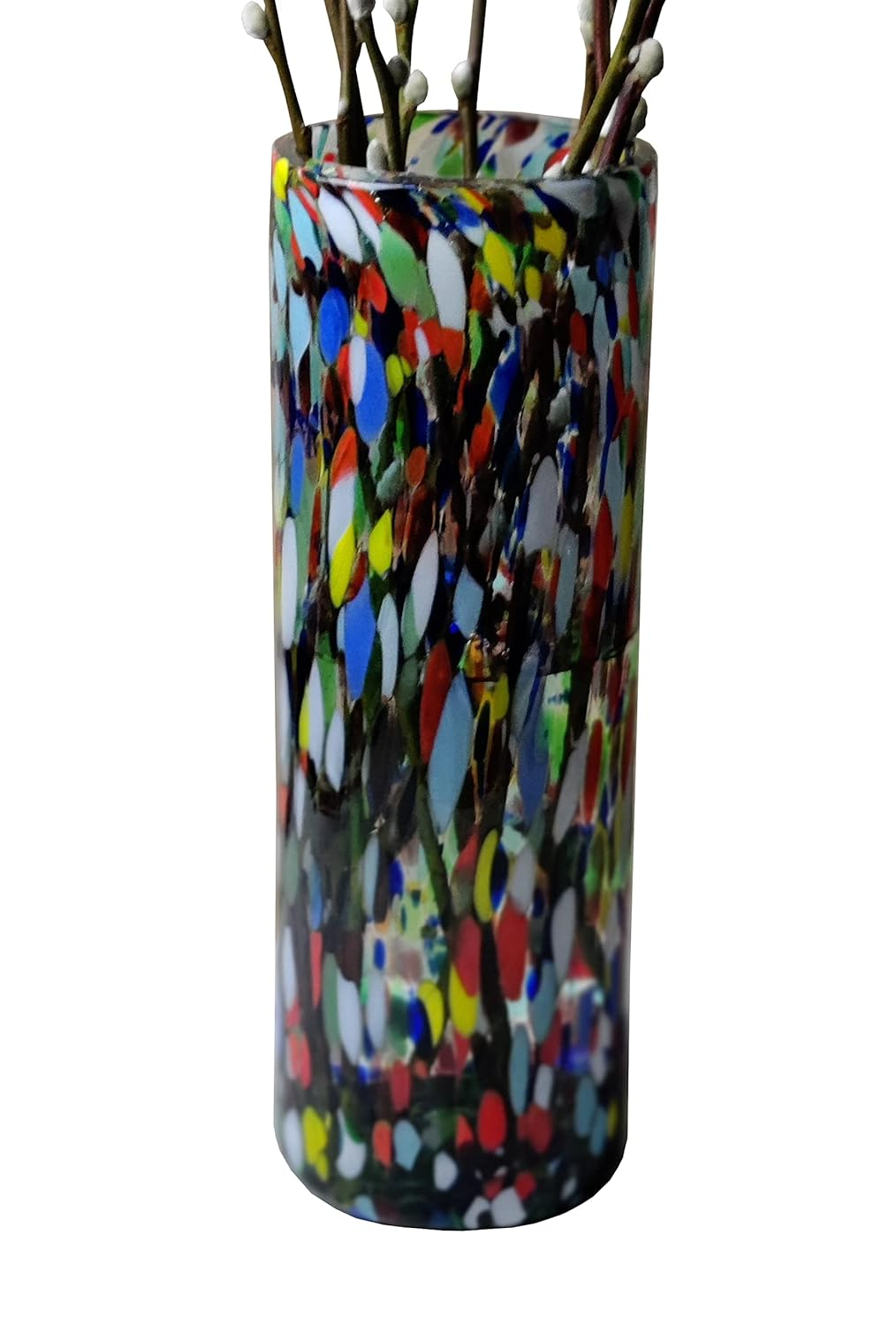 Dos Sueños Mexican Hand Blown Glass Vase (11.5" x 4") – Confetti Carmen Colorful Flower Vase, Centerpiece, Cylinder Vase