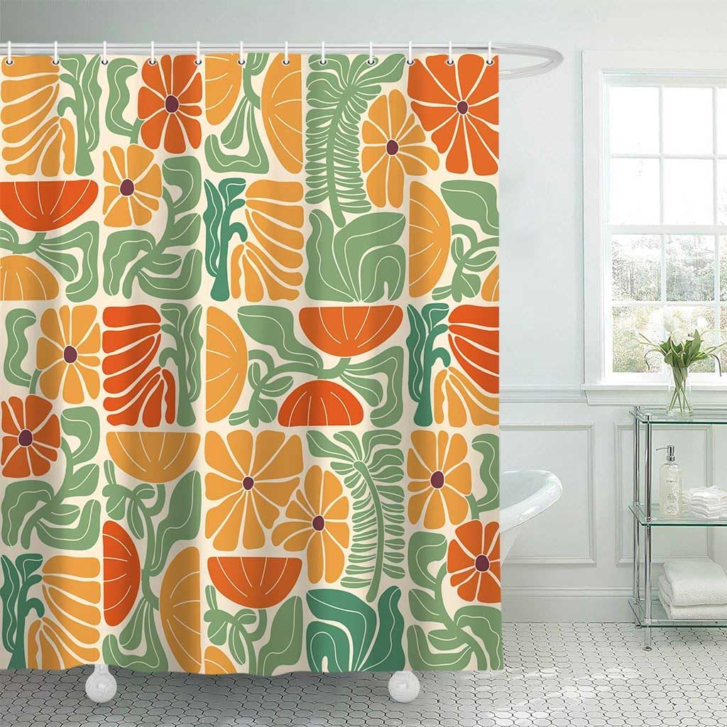 Lark Manor™ Boho Abstract Colorful Floral Shower Curtain, Vintage Retro Patchwork Orange Green Flower Botanical Geometric Bathroom Decor Shower Curtain Set With 17 Hooks,(Flower)