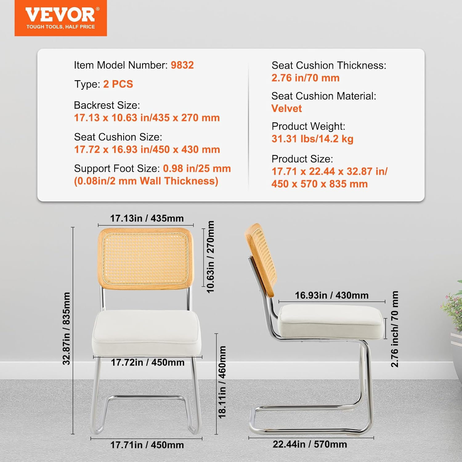 VEVOR Rattan Chairs Set of 2, Mid Century Modern Dining Chair, Upholstered Velvet Accent Chair with Rattan Back, Retro Kitchen Chair for Living Room, Bedroom (18.1 Inch)