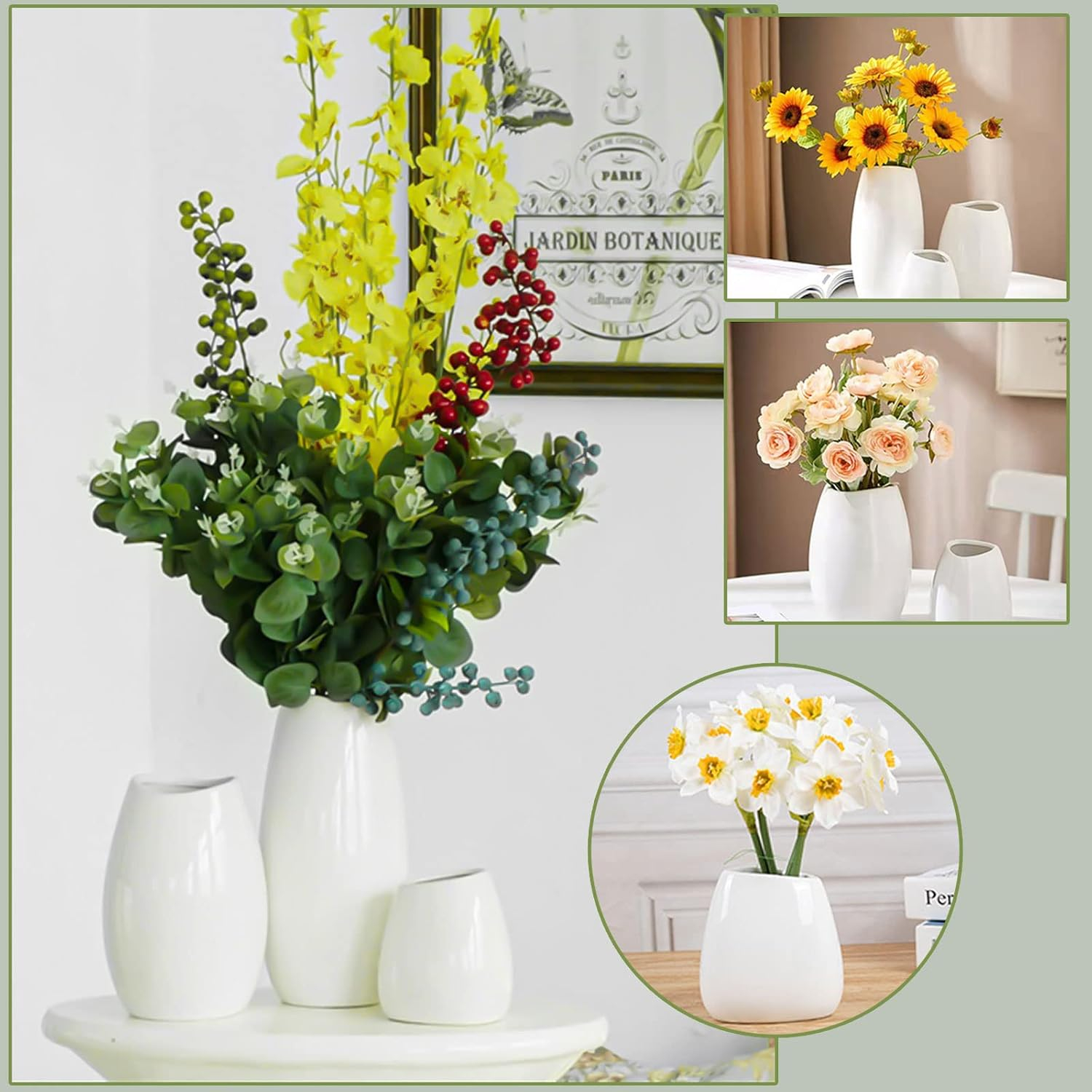 ShengRui Ceramic Vase Set of 3 White Flower Vase for Home Decor, Modern Decorative Vase for Flowers Vases for Your Ideal Shelf Decor/Table/Living Room/Kitchen/Office-White