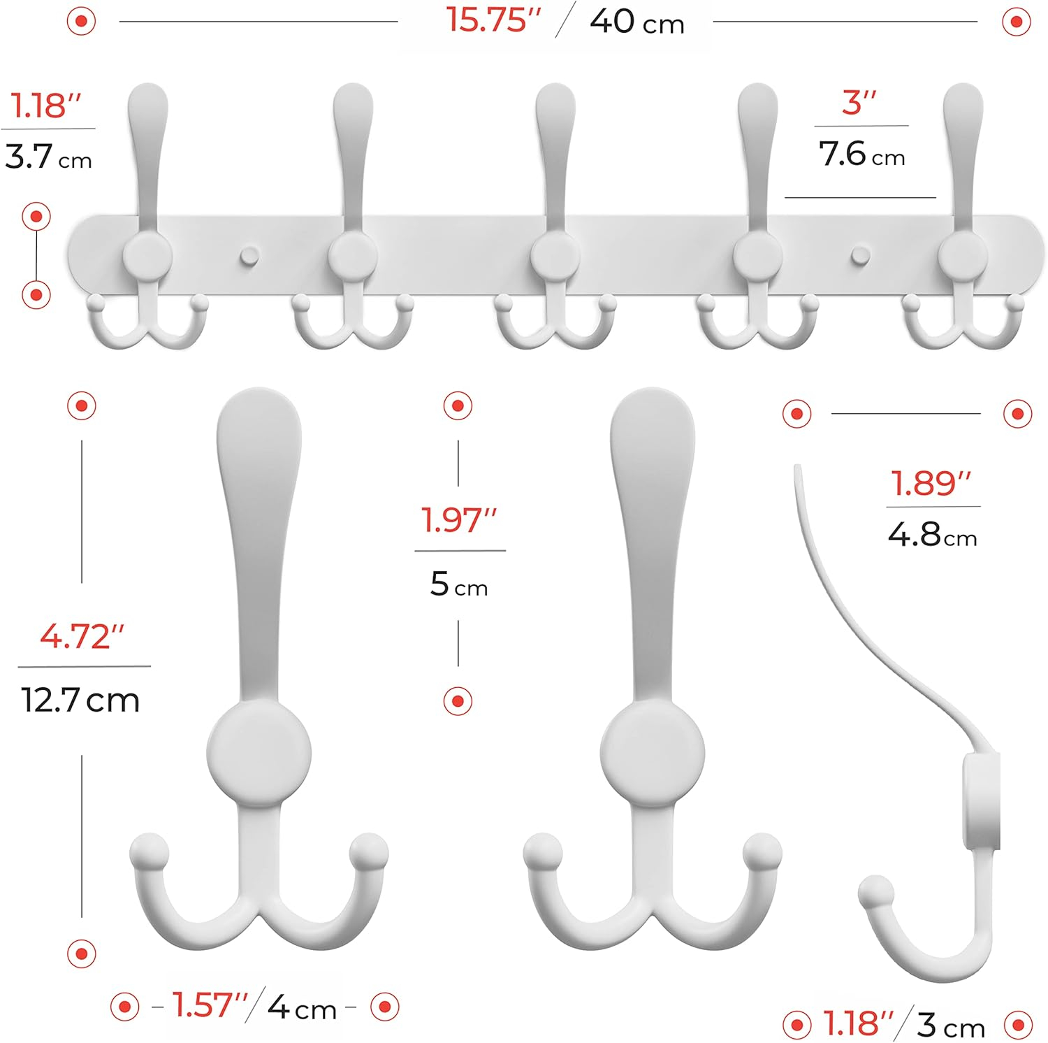 White Coat Rack Wall Mounted - 16 Inch Heavy Duty Stainless Steel Matte Finish Wall Hook Rack - 5 Tri Coat Hooks for Hanging Towels, Bags, Hat - Bathroom Entryway - 2 Pack