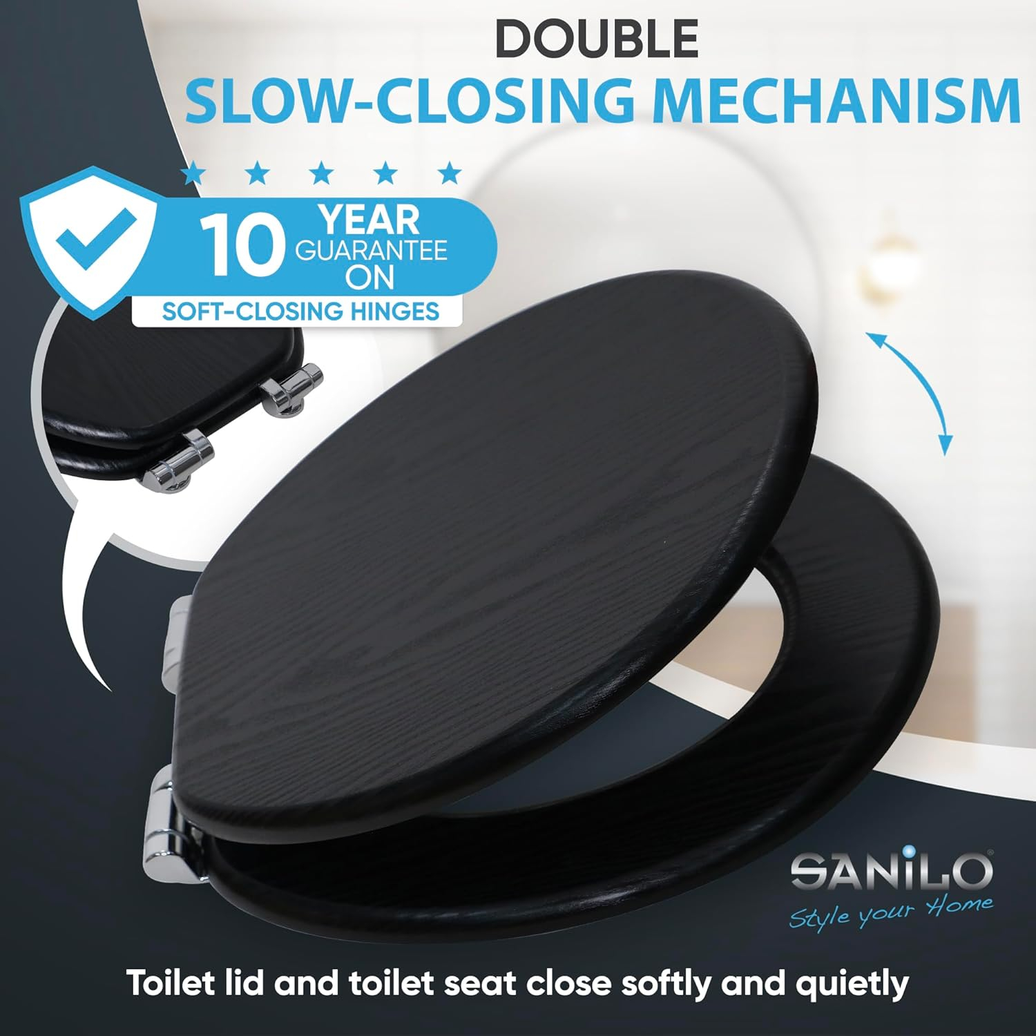 Sanilo Soft Close Toilet Seat ROUND, Quiet and Slow Close Lid and Seat, Strong Bumpers and Hinges, Black Wood