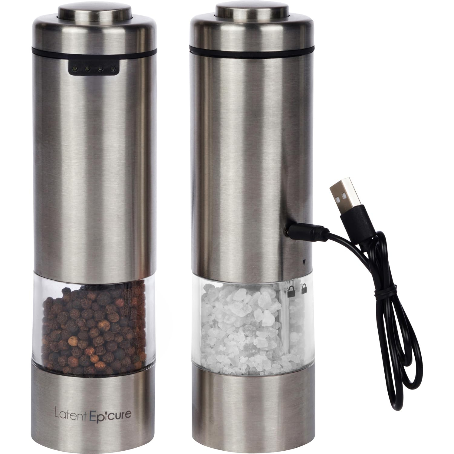 Electric Salt and Pepper Grinder Set - Battery Operated, Stainless Steel Shakers with Adjustable Fine & Coarseness, One Handed Operation, LED Light & Complimentary Mill Rest Tray