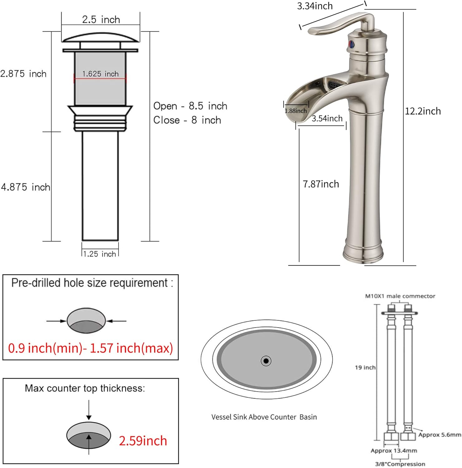 Waterfall Bathroom Faucet Brushed Nickel GGStudy Single Handle One Hole Tally Body Farmhouse Bathroom Vessel Sink Faucet Matching with Pop Up Drain