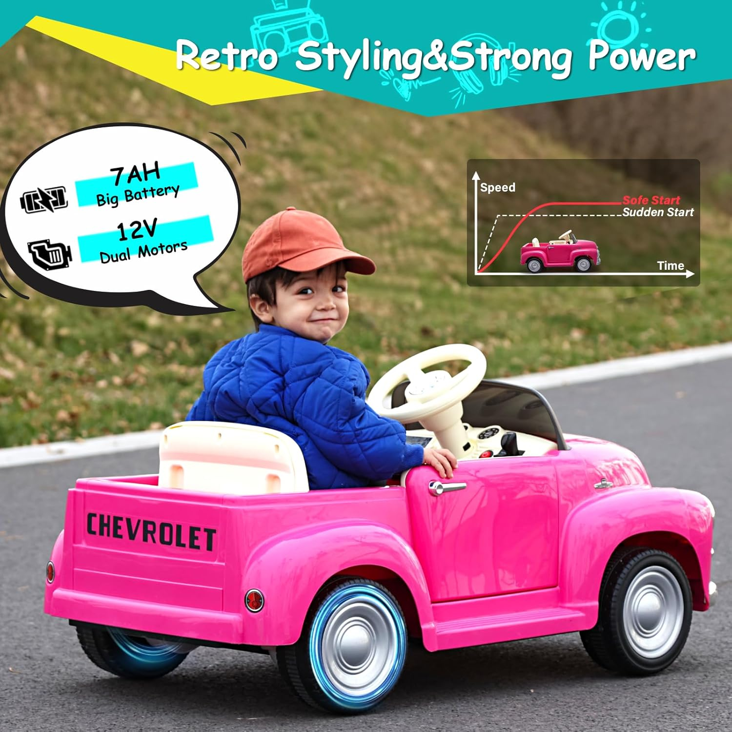 Joywhale 12V Kids Ride on Car Licensed Chevrolet 3100 Pickup Battery Powered Motorized Electric Car, with 7AH Big Battery, 2.4G Remote Control, 3-Speeds, Storage Space, Music, Retro Style, Black