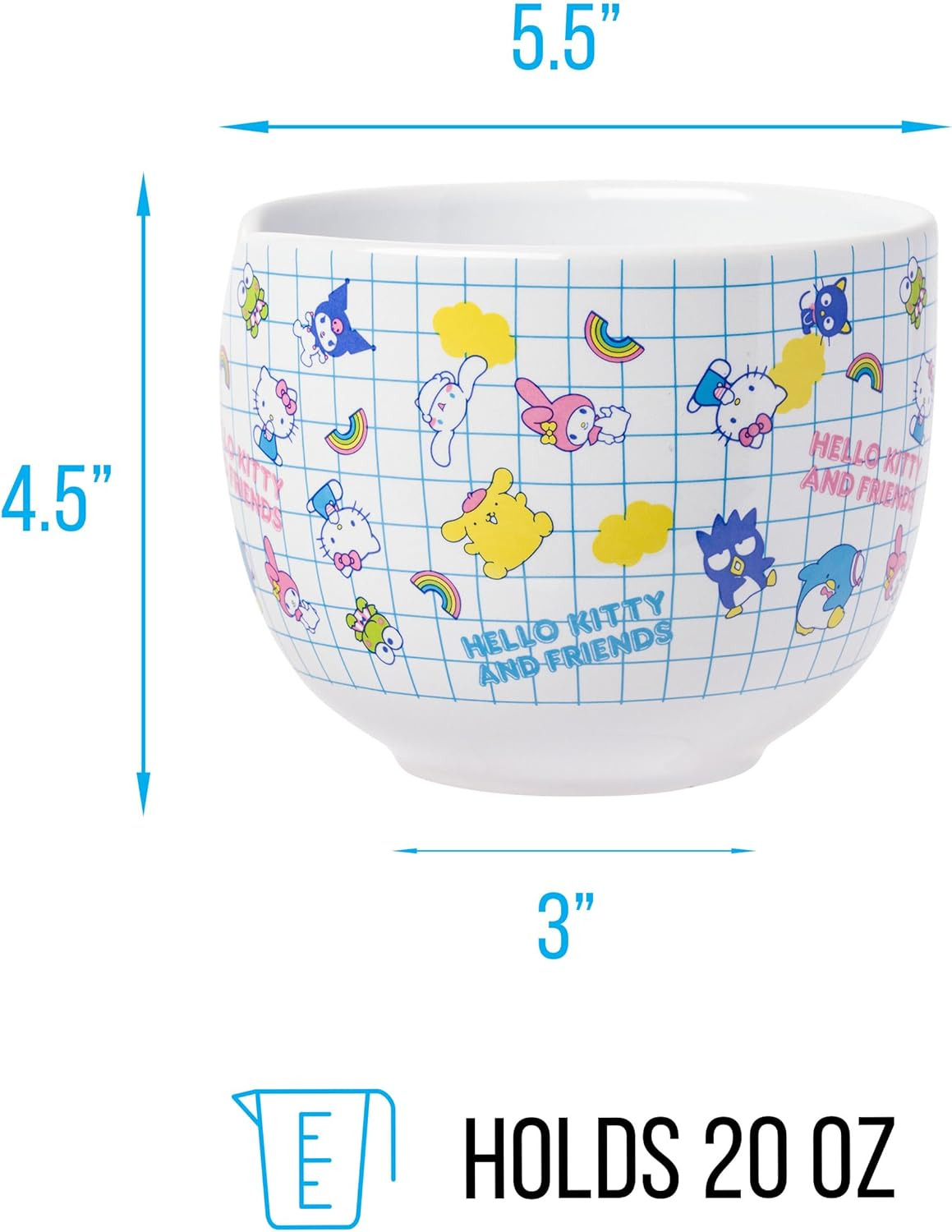 Silver Buffalo Hello Kitty and Friends Kuromi, Keroppi, Chococat, My Melody, Tuxedo Sam, Badtz-Maru, Tuxedo Sam, Pompompurin, Cinnamoroll Ceramic Ramen Noodle Rice Bowl with Chopsticks, 20 Ounces