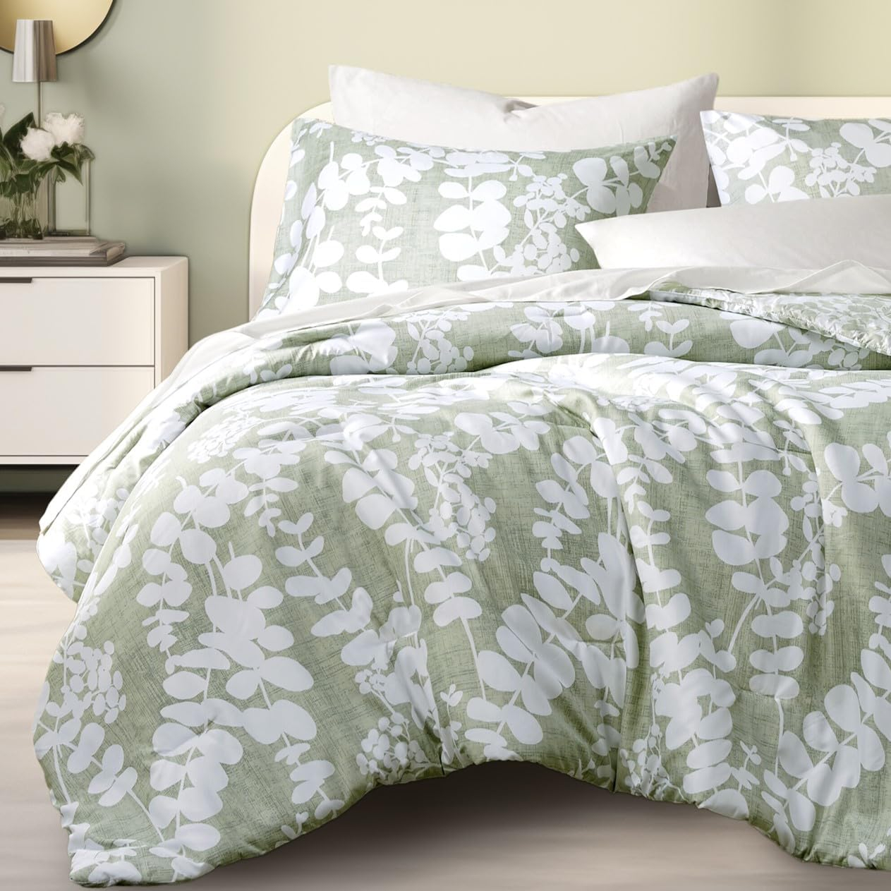 Codi Gray Floral Comforter Set Queen Size, Botanical Bedding Sets | Nature Style, Unique Reversible Design, Better for Spring and Summer | Leaf Print 3 Pieces