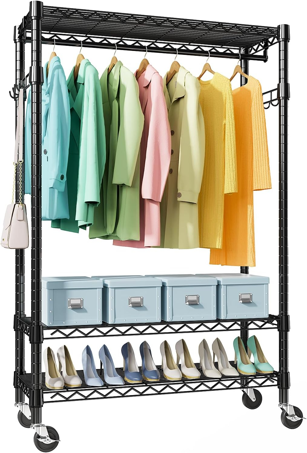 Heavy Duty Clothes Rack Rolling Garment Rack,3 Tier Adjustable Wire Shelving Clothing Racks for Hanging Clothes with Hanger Rod&Side Hooks,Freestanding Wardrobe Storage Rack Metal Portable Closet
