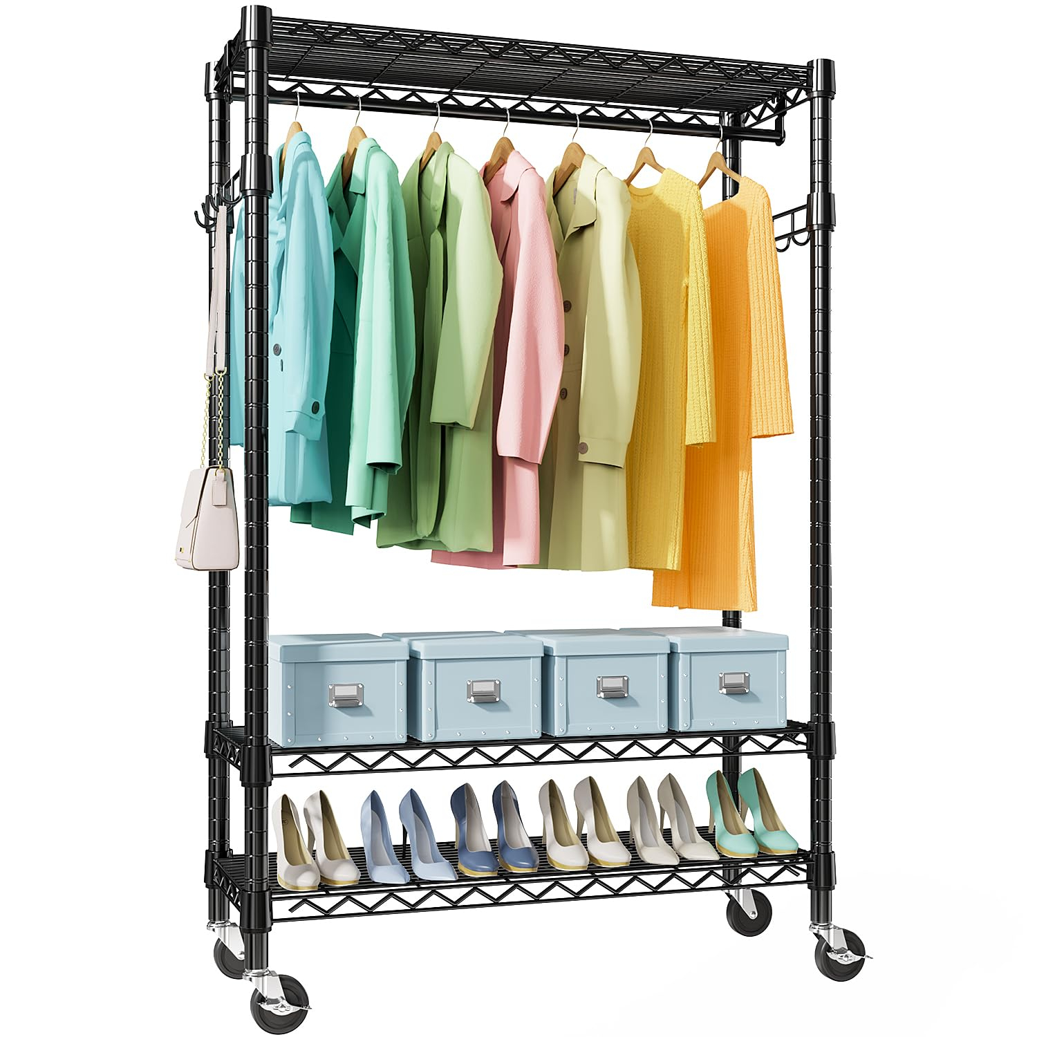 Heavy Duty Clothes Rack Rolling Garment Rack,3 Tier Adjustable Wire Shelving Clothing Racks for Hanging Clothes with Hanger Rod&Side Hooks,Freestanding Wardrobe Storage Rack Metal Portable Closet