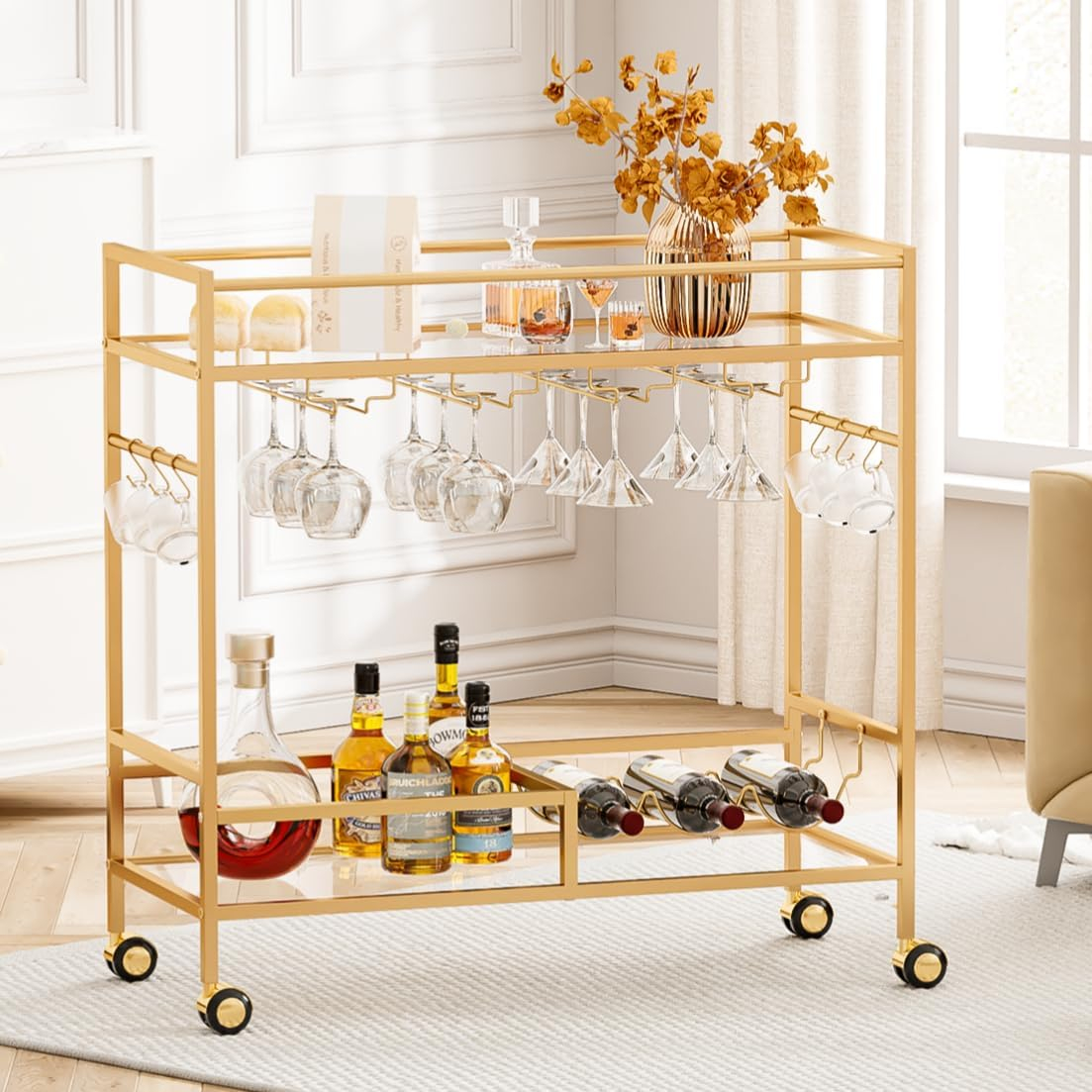 Bar Cart, Bar Serving Cart with Wheels, 2 Tier Bar Carts for The Home Kitchen Dining Room with Wine Rack and Glass Holder (Gold)