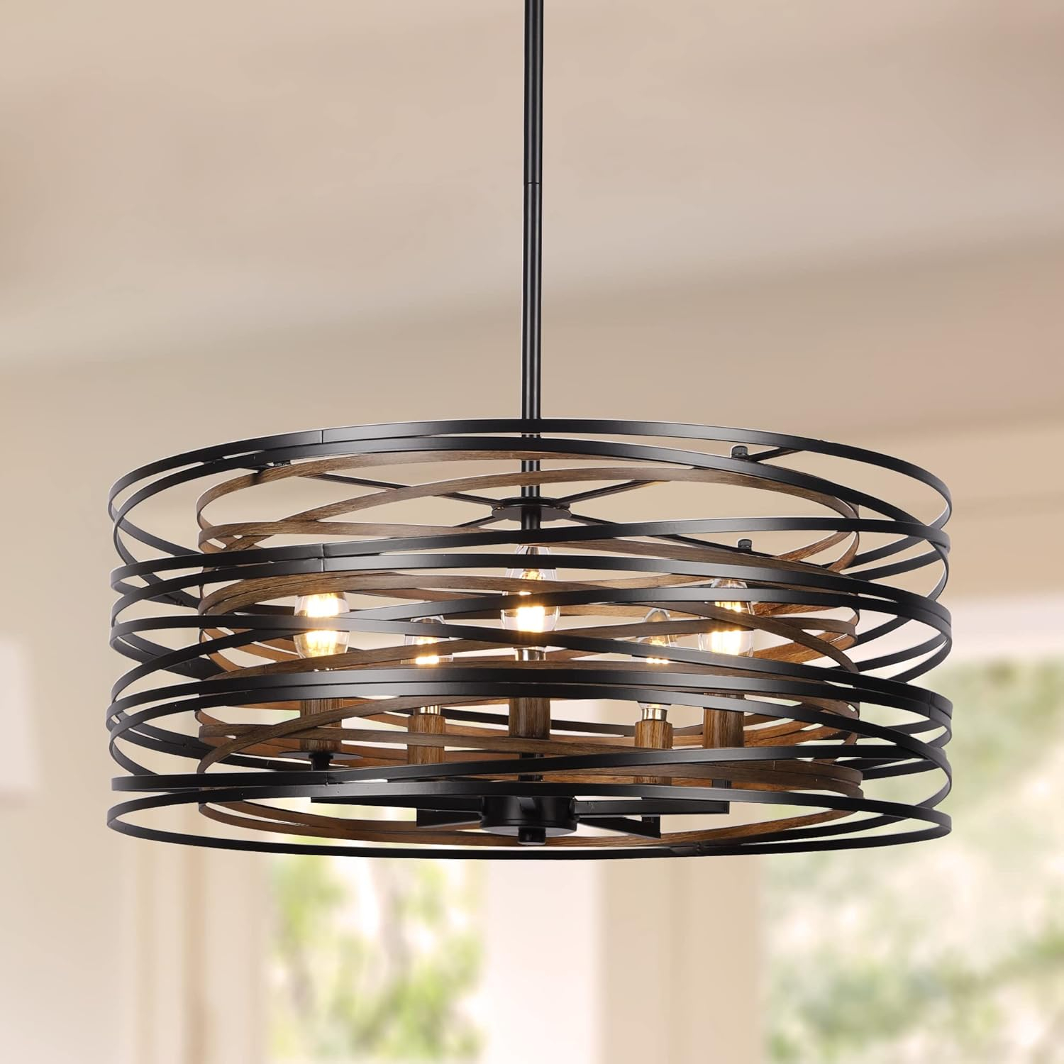 Dining Room Lighting Fixture, 5-Light Farmhouse Black Chandelier Drum Light, Round Metal with Retro Wood Texture Interior, E12 Bulbs Not Included