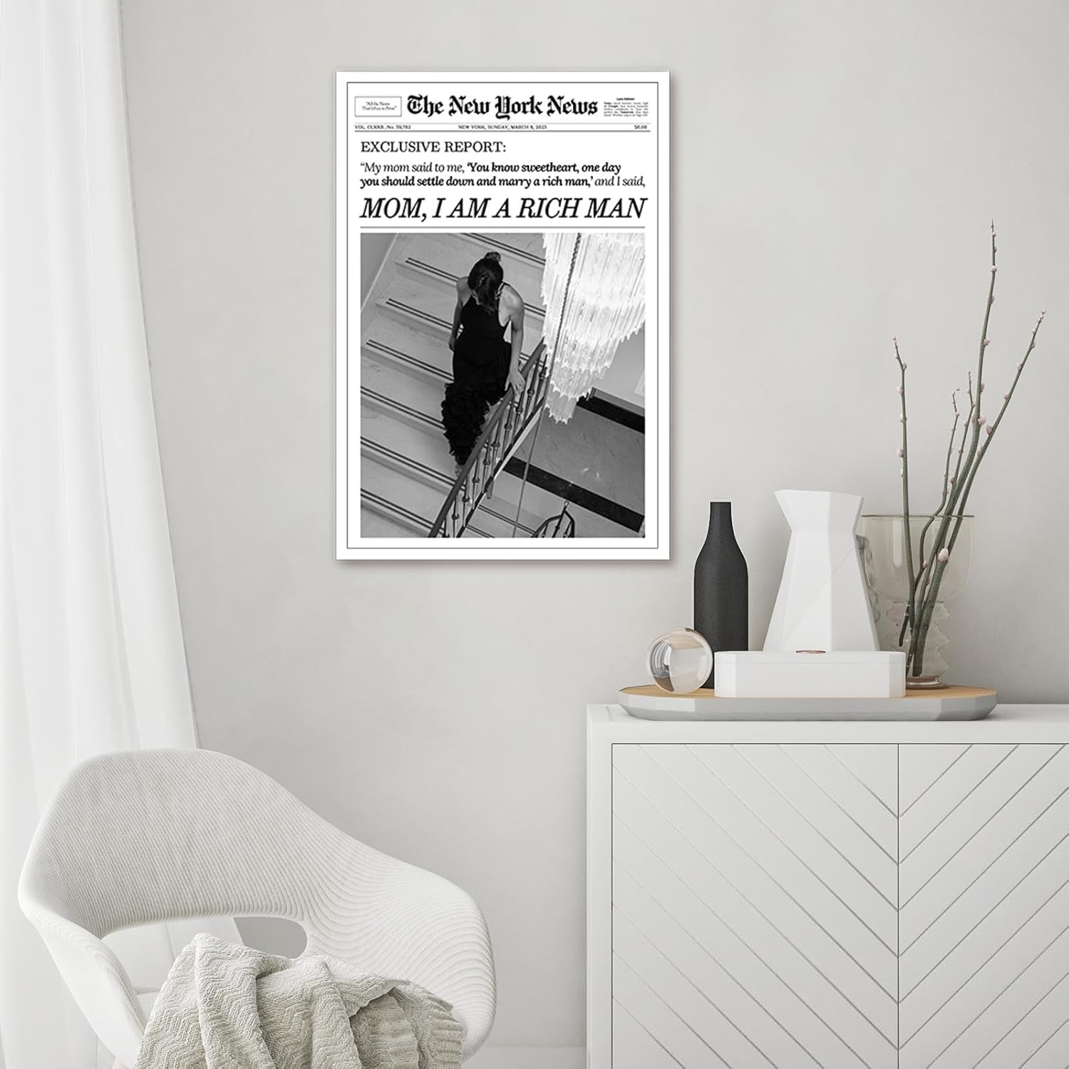Trendy Black and White Newspaper Canvas Wall Art Poster