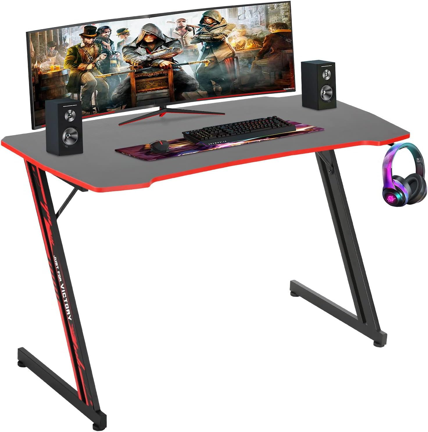 BestOffice 35"/39"/47" Computer Desk Z Shaped Workstation Ergonomic Table with Headphone Hook for Game Players (Red, 47 in)