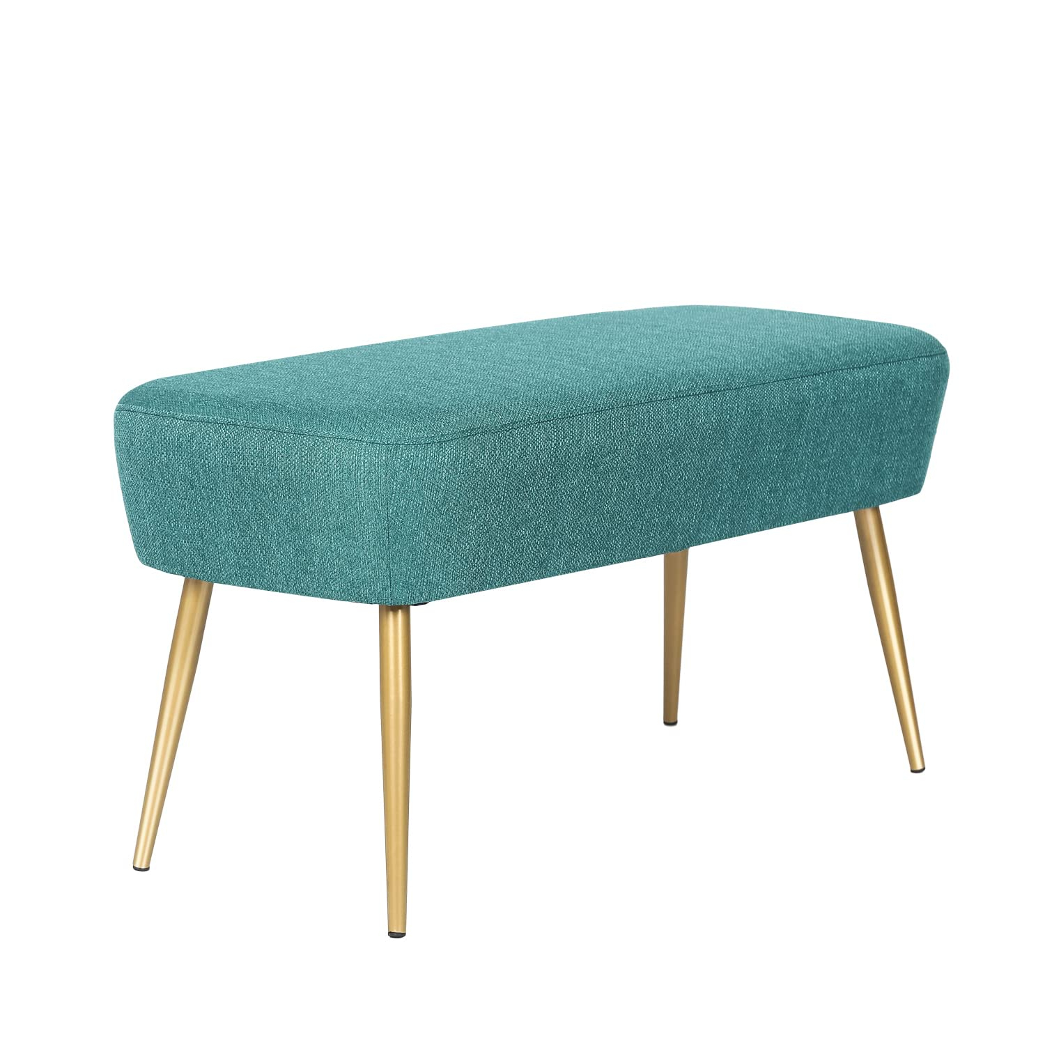 Adeco Upholstered Line PeacockGgreen Ottoman, 35 inch, End of Bed Footrest Stool with Golden Metal Legs for Bedroom, Living Room Entryway Bench, Peacock Green (KX0167-6)