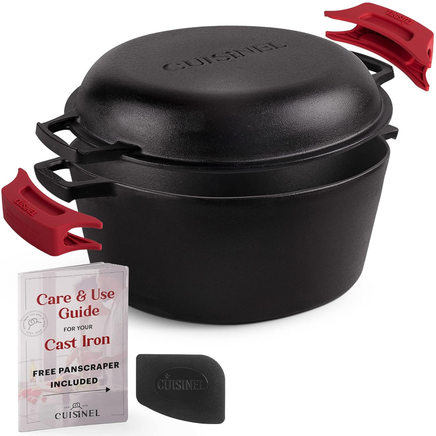 Cuisinel Cast Iron Dutch Oven 7-Quart - Pre-Seasoned 2-in-1 Deep Pot Multi-Cooker - Combo Lid Doubles as 12" Skillet Frying Pan + Silicone Handle Covers + Scraper/Cleaner - Indoor/Outdoor Cookware