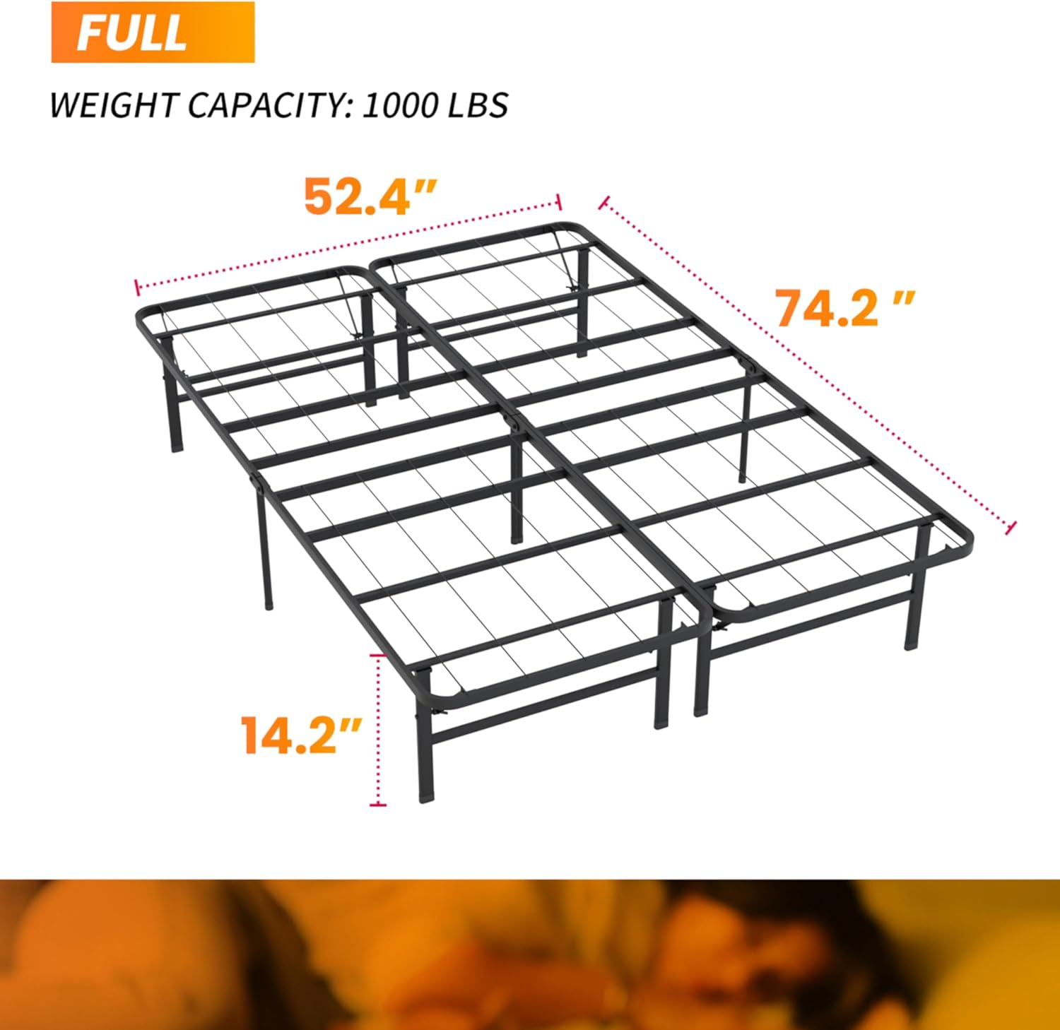 24/7 Shop at Home Aiso 14 Inch Metal Foldable Bed Frame Full Size, No Box Spring Required, Heavy Duty Bedframe with Storage Space Underneath, Sturdy and Non-Slip Slats Platform, Easy Assembly, Black