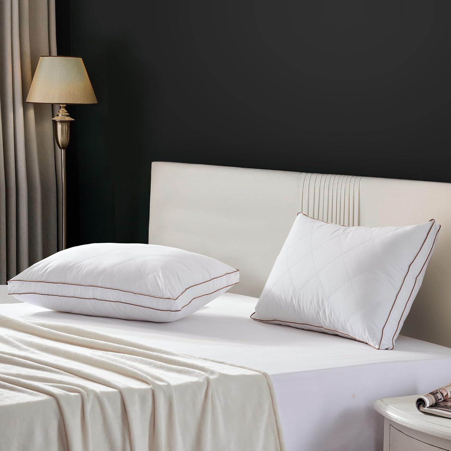 UNIKOME Goose Feathers and Down Pillow, Hotel Collection Gusseted Bed Pillows for Sleeping, 100% Cotton Pillow Cover, Queen Size, Set of 2