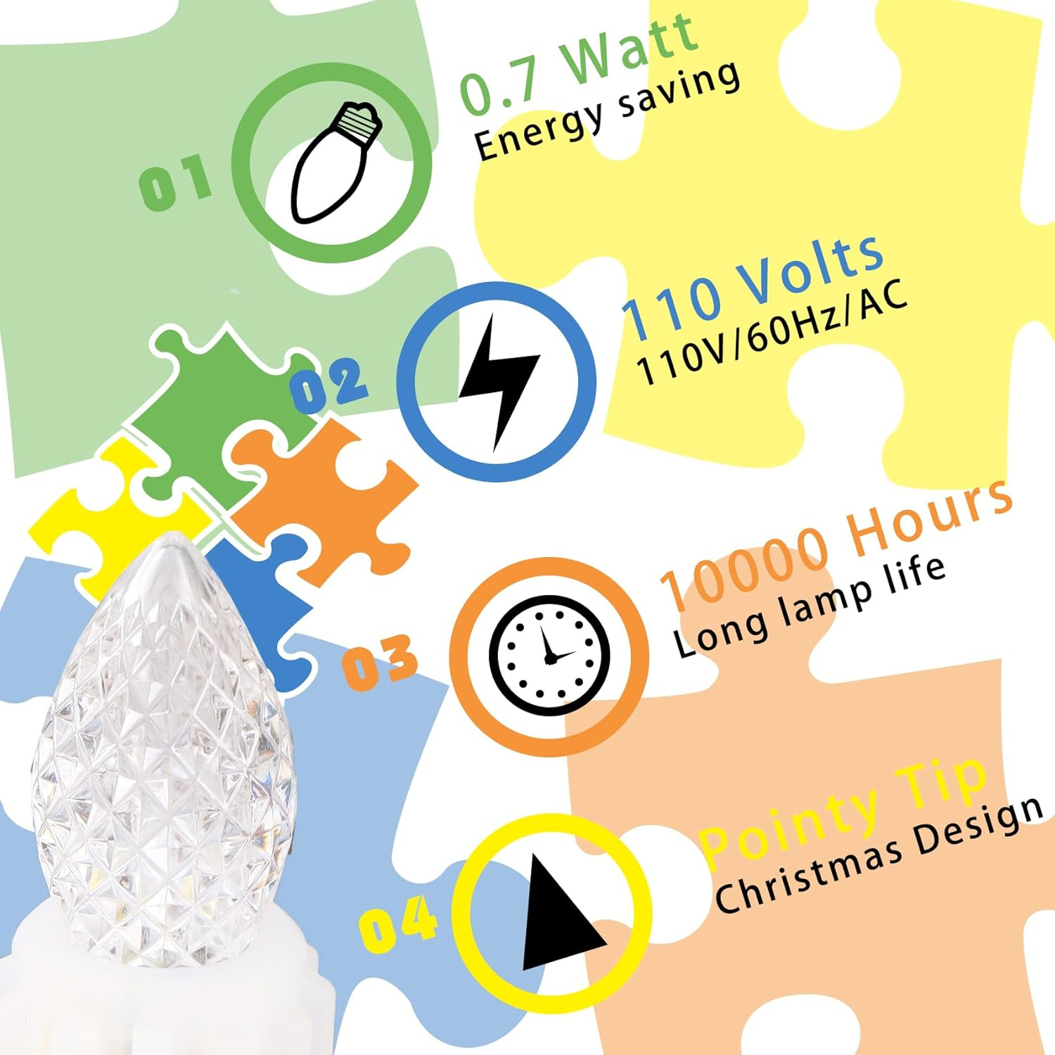Novelty Lights 25 Pack C7 LED Twinkle Outdoor Christmas Replacement Bulbs, Warm White, C7/E12 Base White