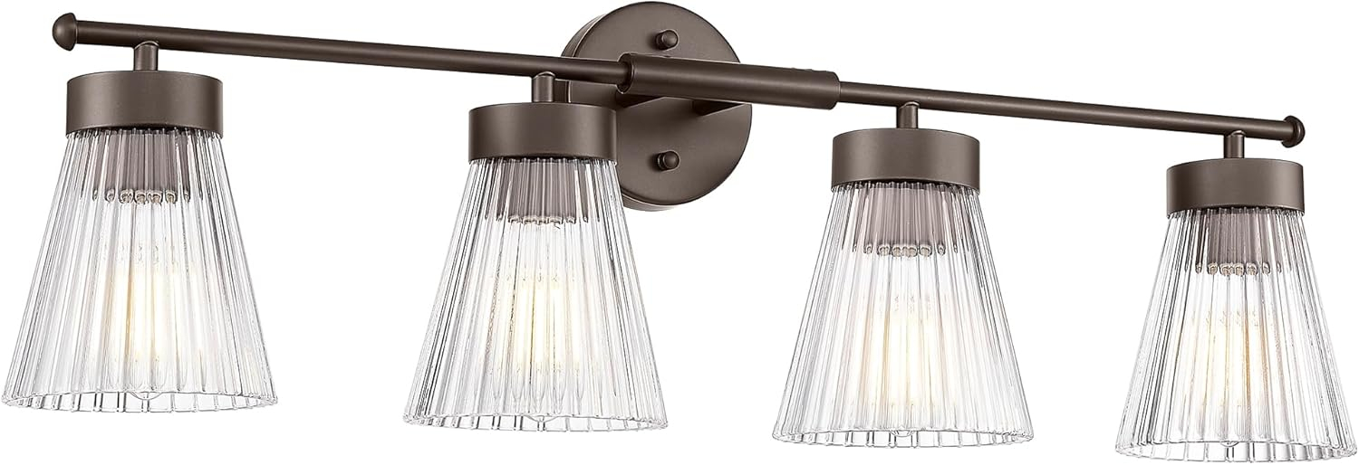 4-Light Bathroom Vanity Light, HWH Oil-Rubbed Bronze Bathroom Light Fixtures Farmhouse Vanity Lamp Over Mirror with Clear Striped Glass Shade, 5HZG97B-4W ORB