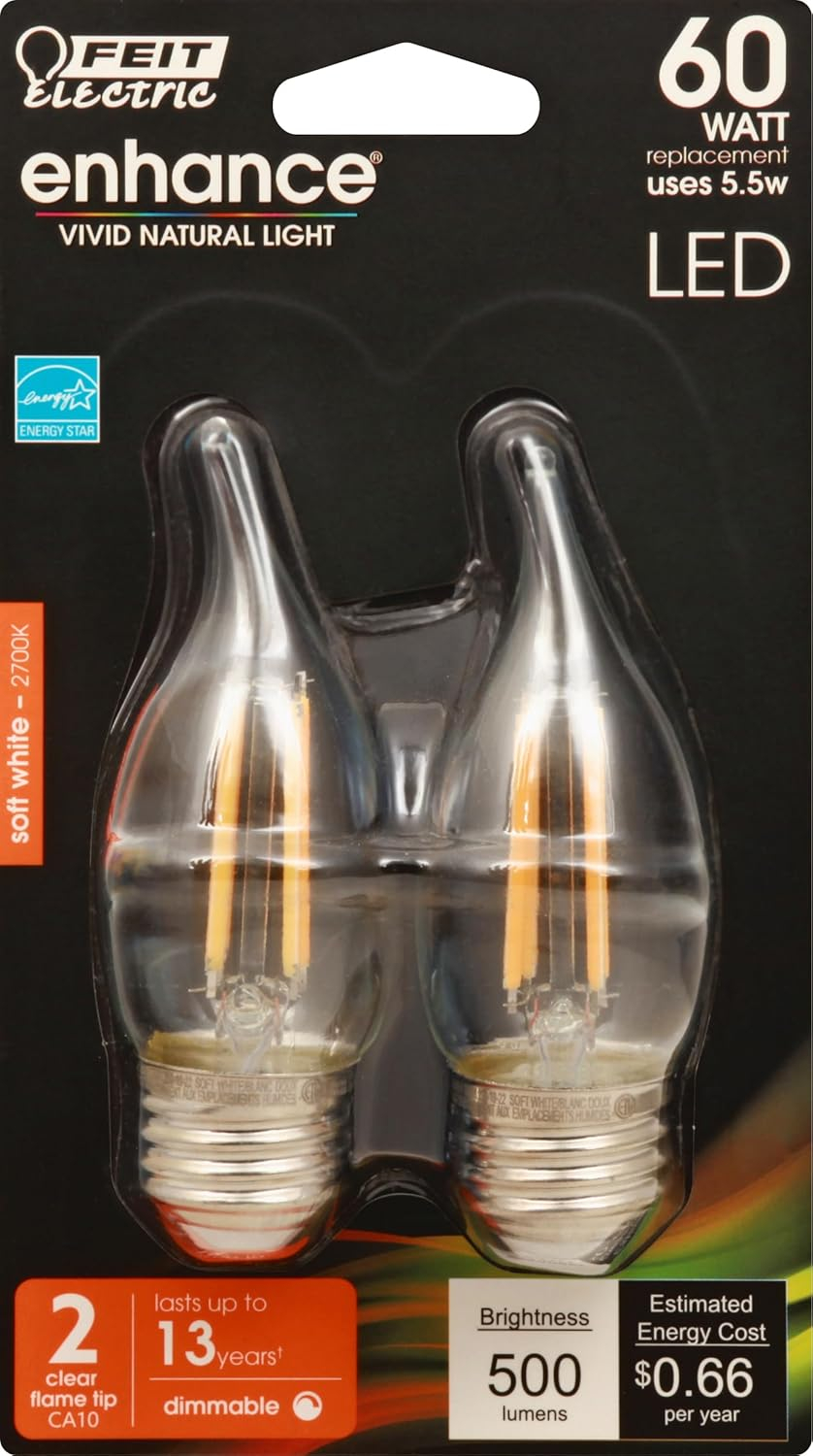 Clear Flame Tip Dimmable LED Chandelier Bulbs, 60-Watt Equivalent