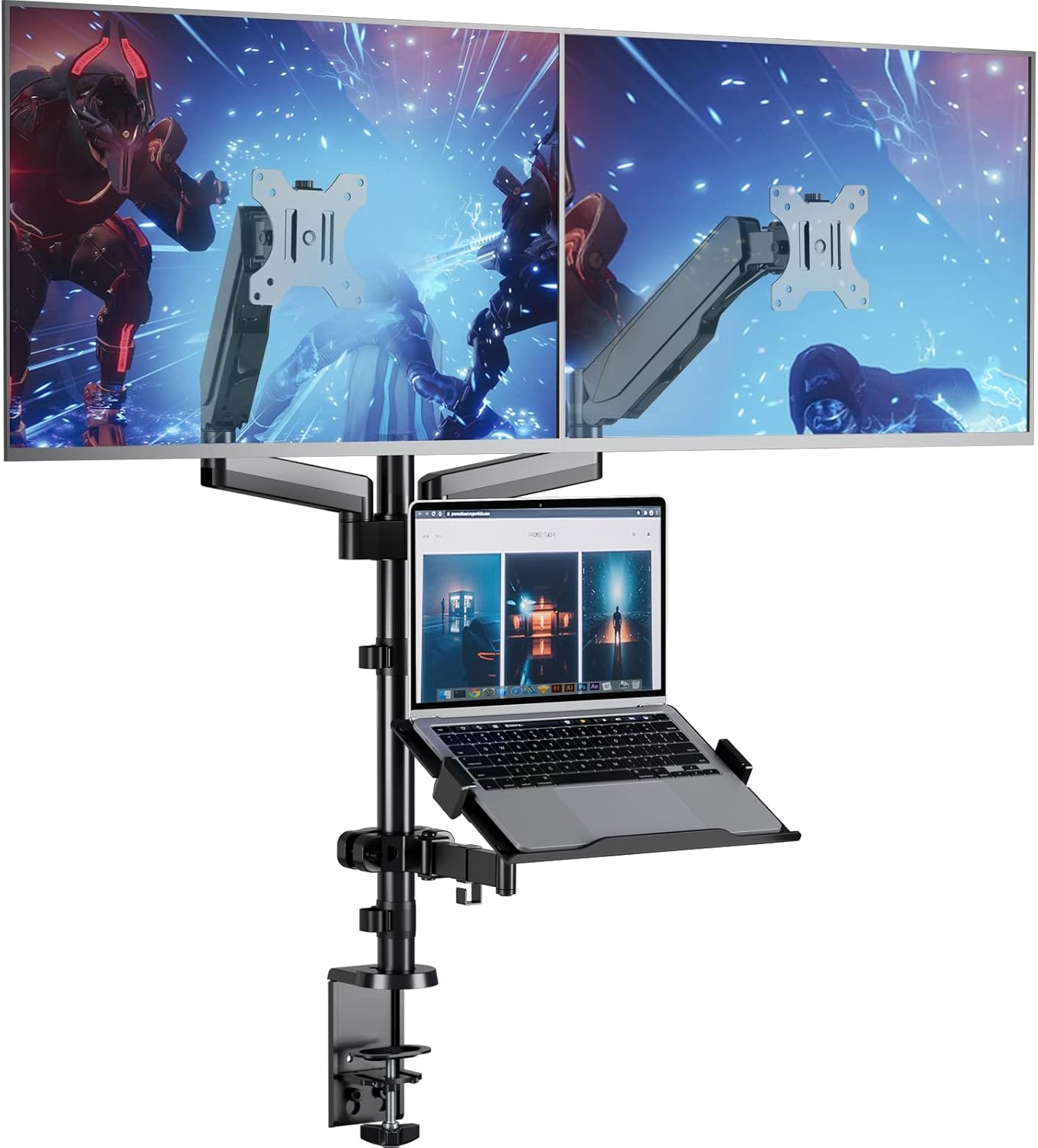 WALI Laptop Mount and Dual Monitor for Max 32" Monitor and 17" Laptop, Adjustable Spring Arm with Tilt, Swivel and Rotation, Dual Monitor and Notebook Stand with VESA 75/100mm(GSDM003LP), Black