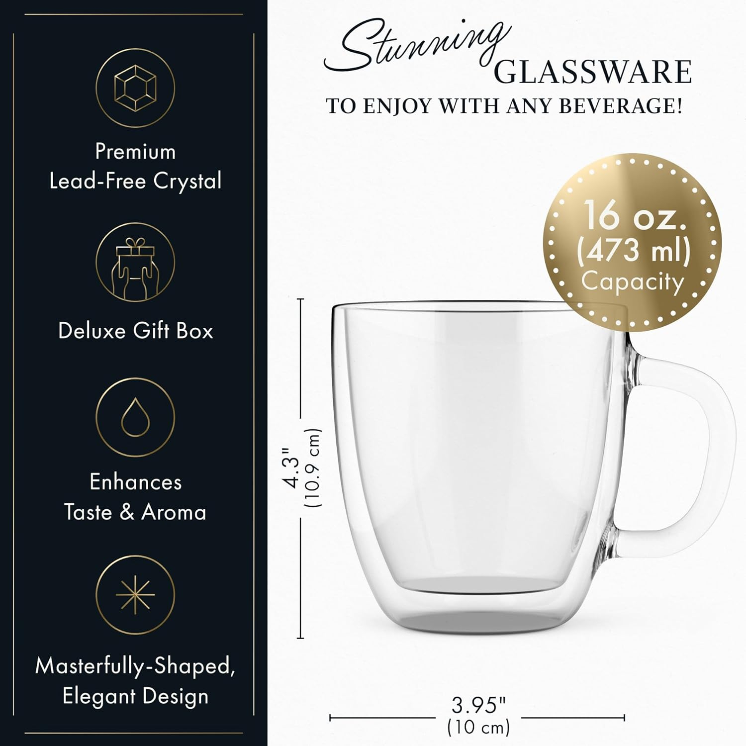ELIXIR GLASSWARE Large Double Wall Coffee Mugs 16 oz - Double Wall Glass Set of 2 - Insulated Coffee Mugs with Handle (16 oz) 16 Ounce (Pack of 2)