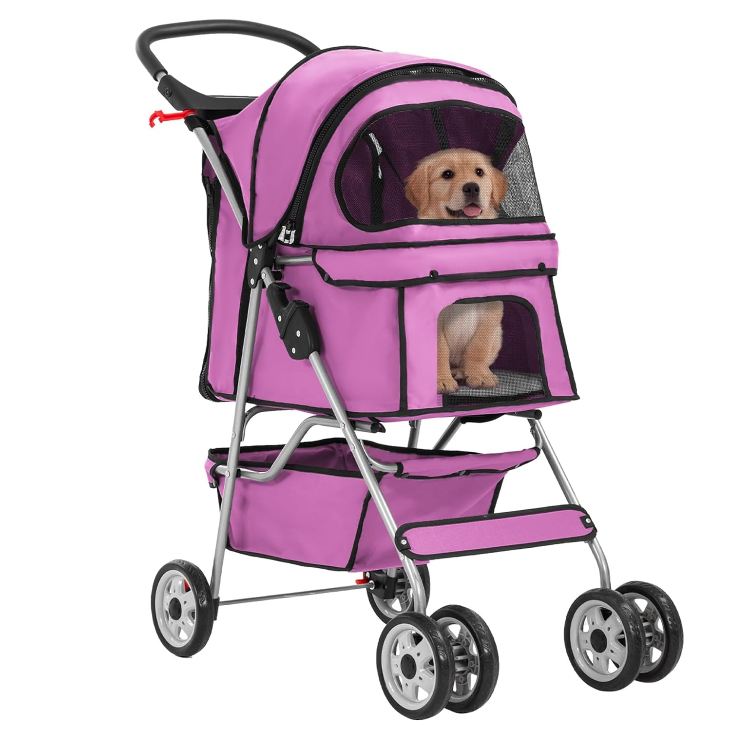 4 Wheels Pet Stroller Cat Dog Cage Stroller Travel Folding Carrier with Cup Holders and Removable Liner for Small-Medium Dog, Cat (Pink)