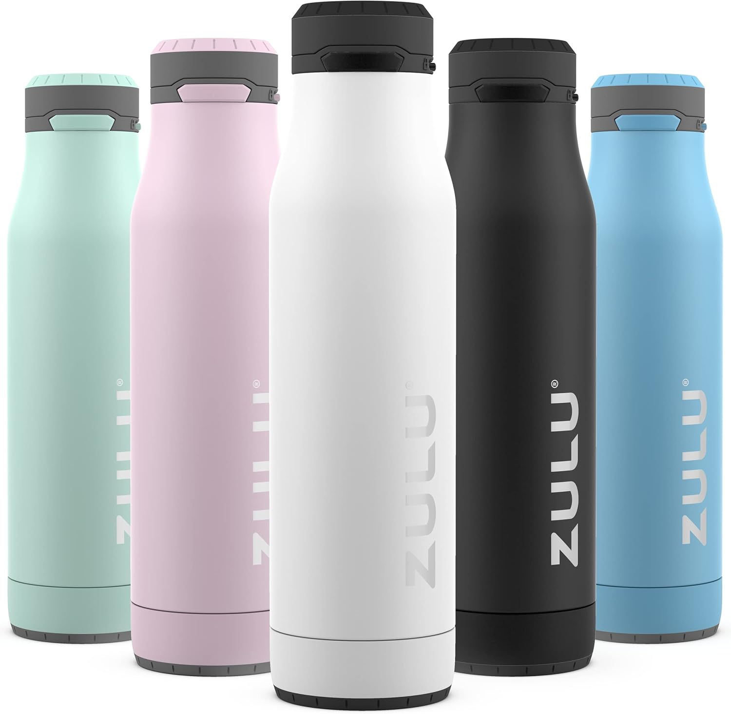ZULU Ace Vacuum Insulated Stainless Steel Water Bottle with Removable Base - Leak Proof Lid - Antimicrobial Spout, 24 oz, White