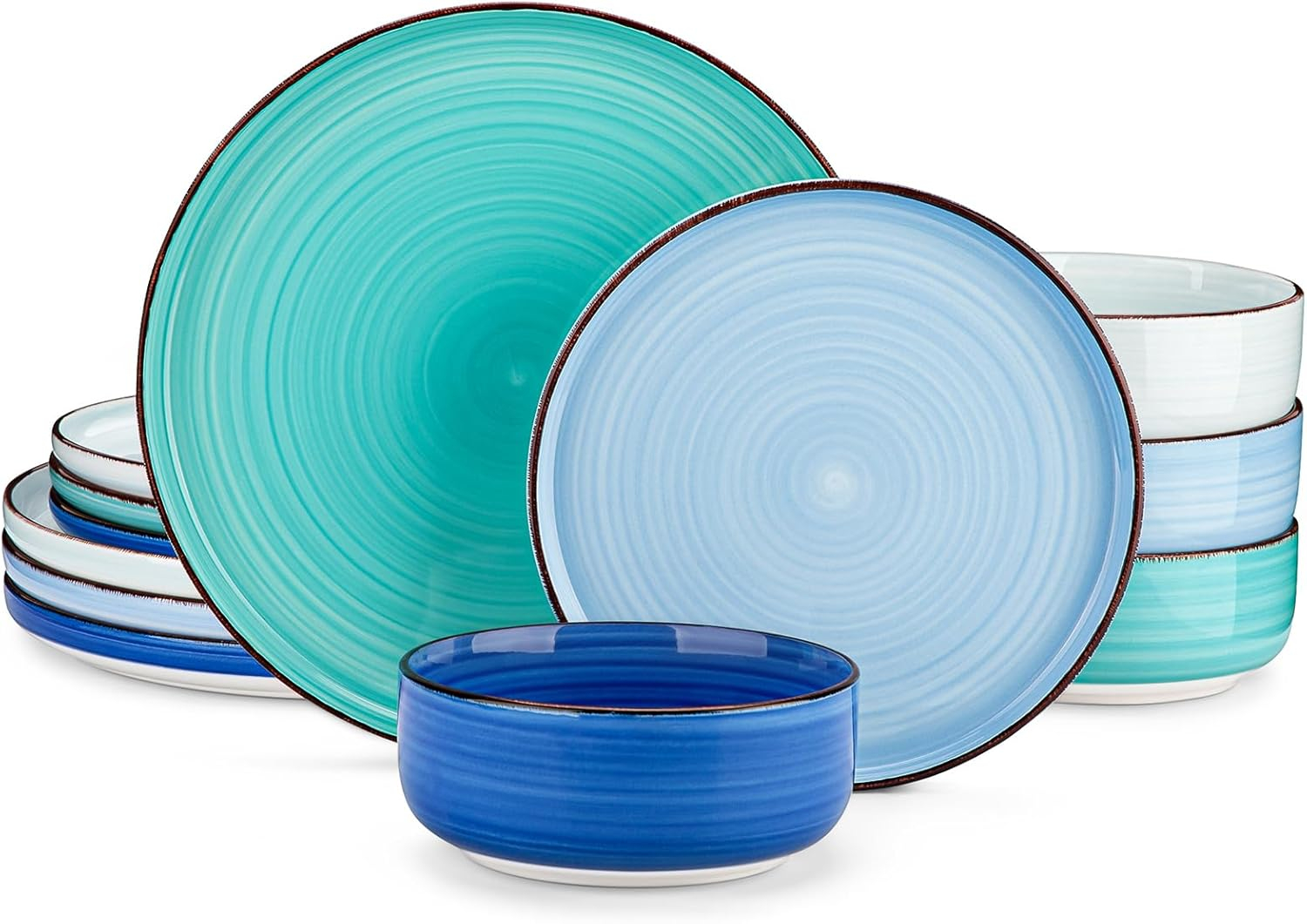 Bonita Blue Dinnerware Sets, Plates and Bowls Set for 4, 12 Pieces Stoneware Dinnerware Set, Dishwasher and Microwave Safe