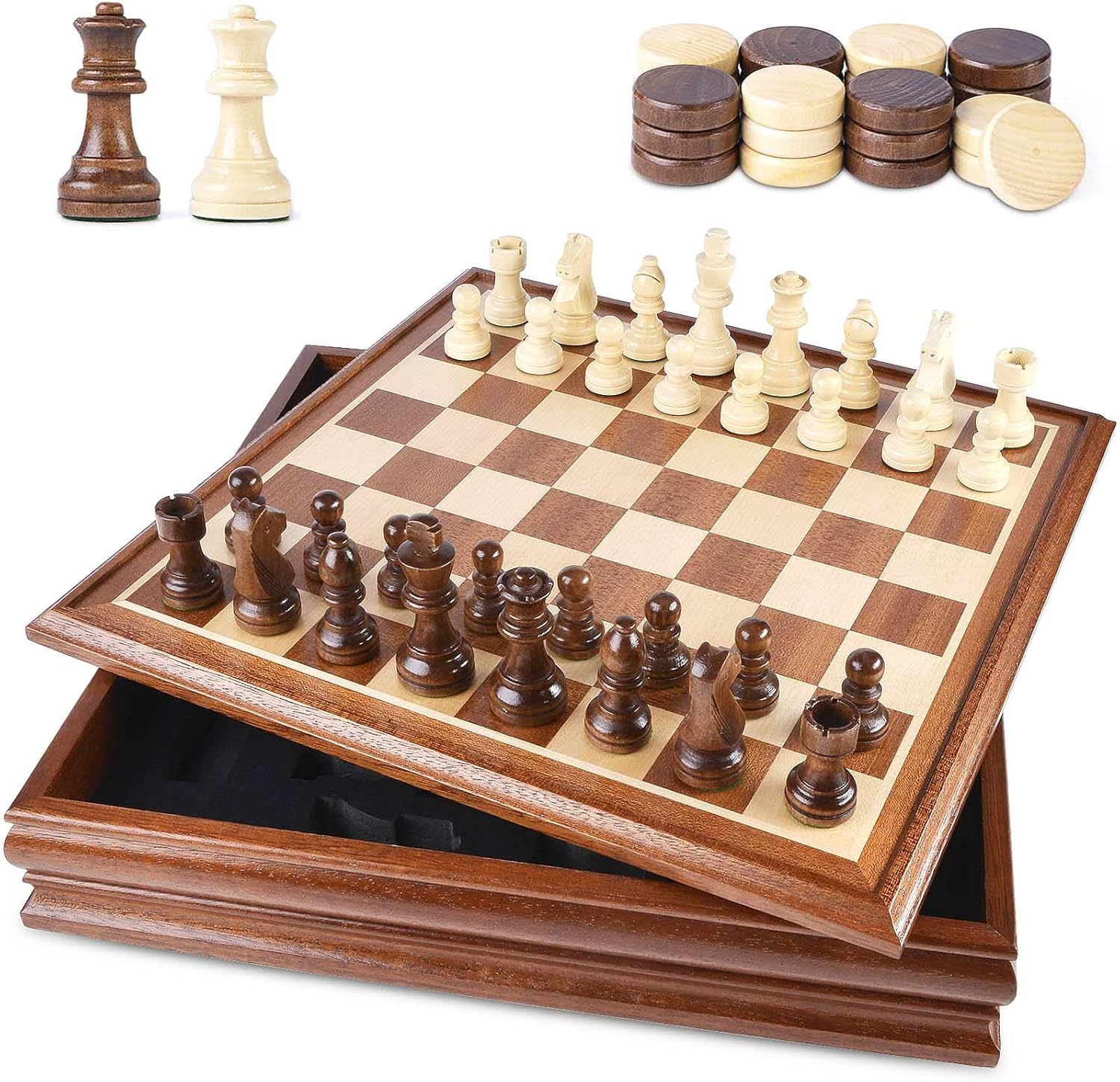 VAMSLOVE Chess and Checkers Board Game Sets for Adults Wooden Deluxe 15 inch Wood Board Box with Storage, Classic 2 in 1 Large Size with Chess Pieces - 3” King Height - 2 Extra Queens