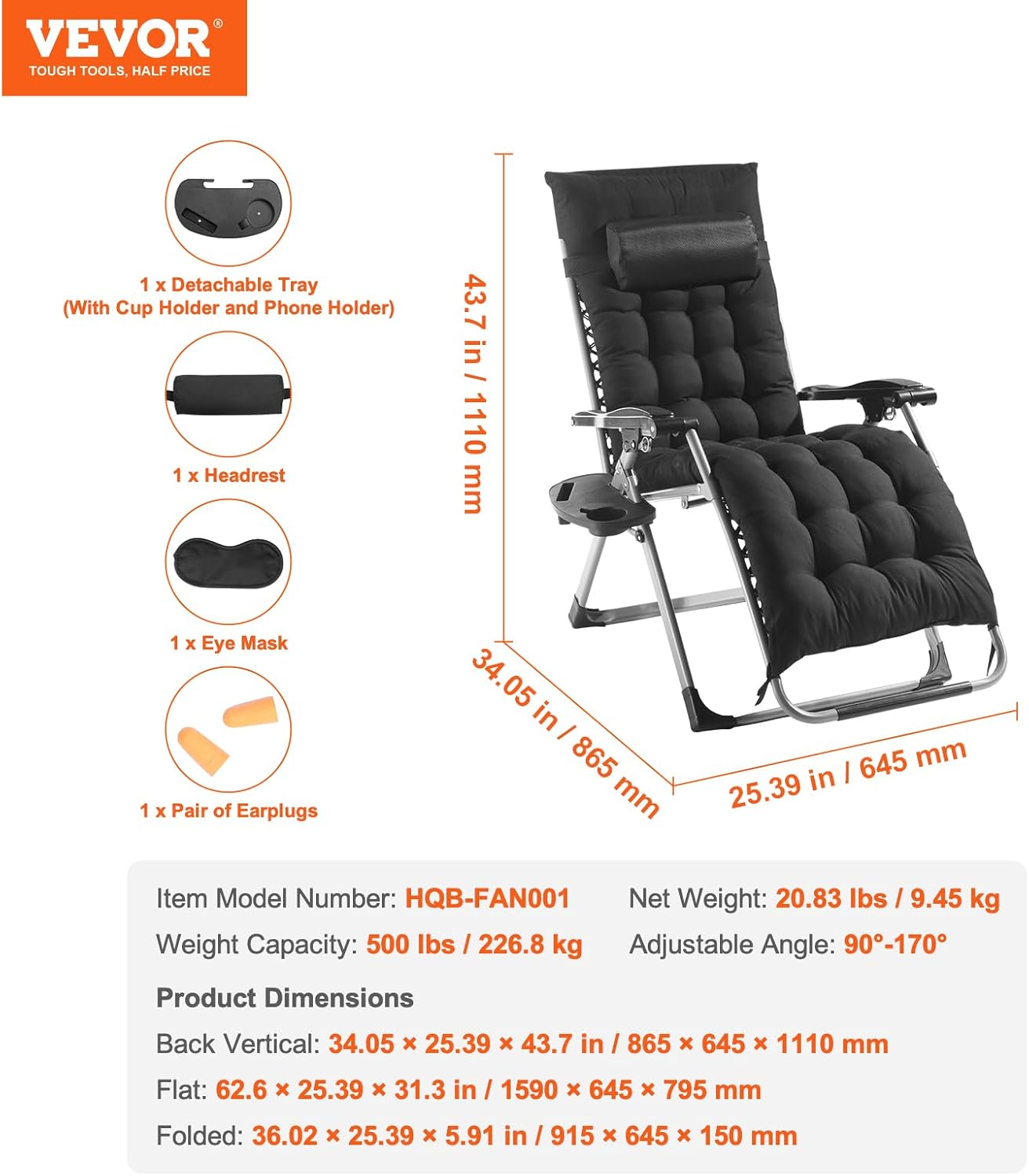 VEVOR 26" Zero Gravity Recliner Lounge Chair - Heavy-Duty Folding Indoor/Outdoor Lounger