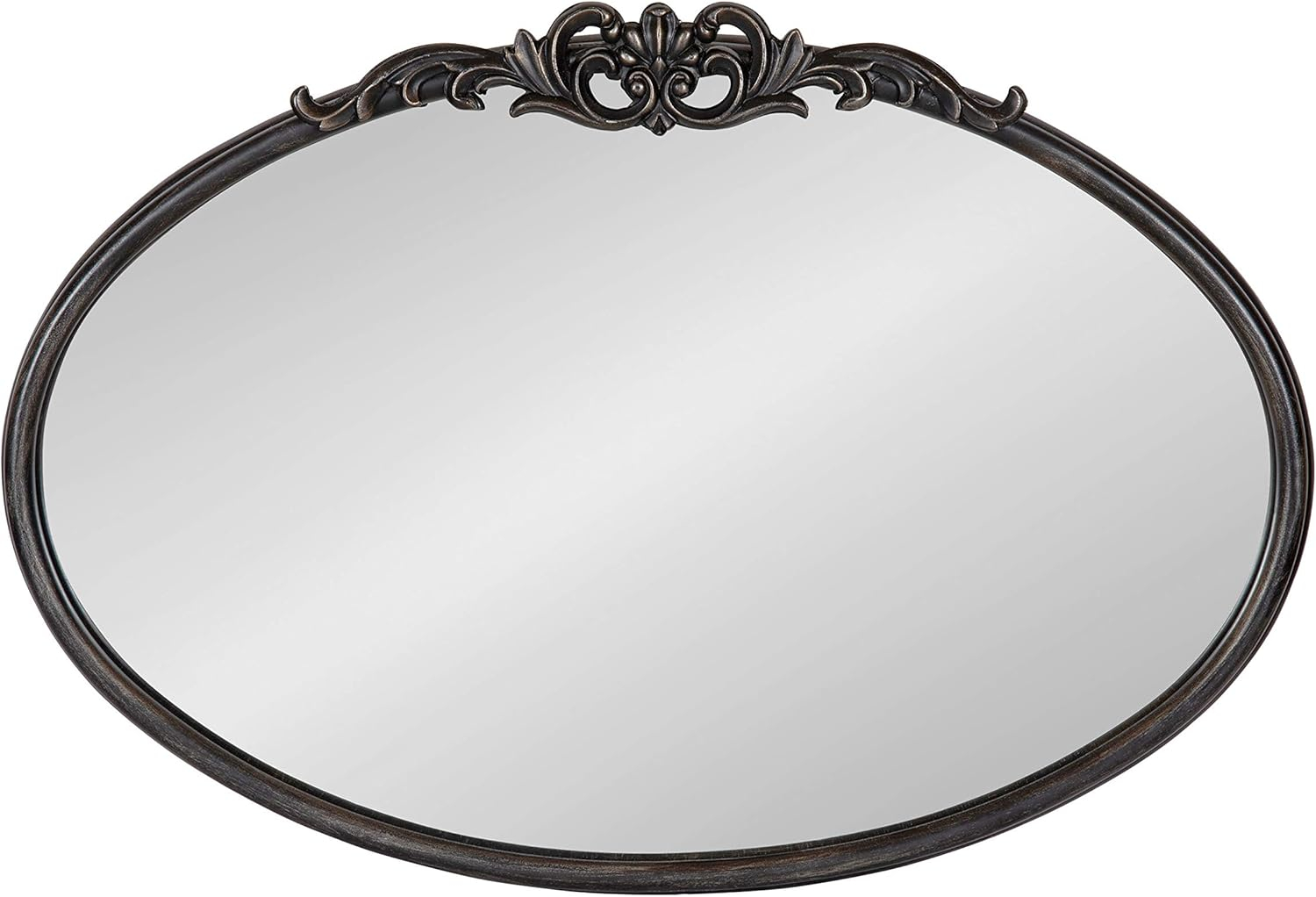 Black Oval Wood Wall Mirror with Intricate Overlay