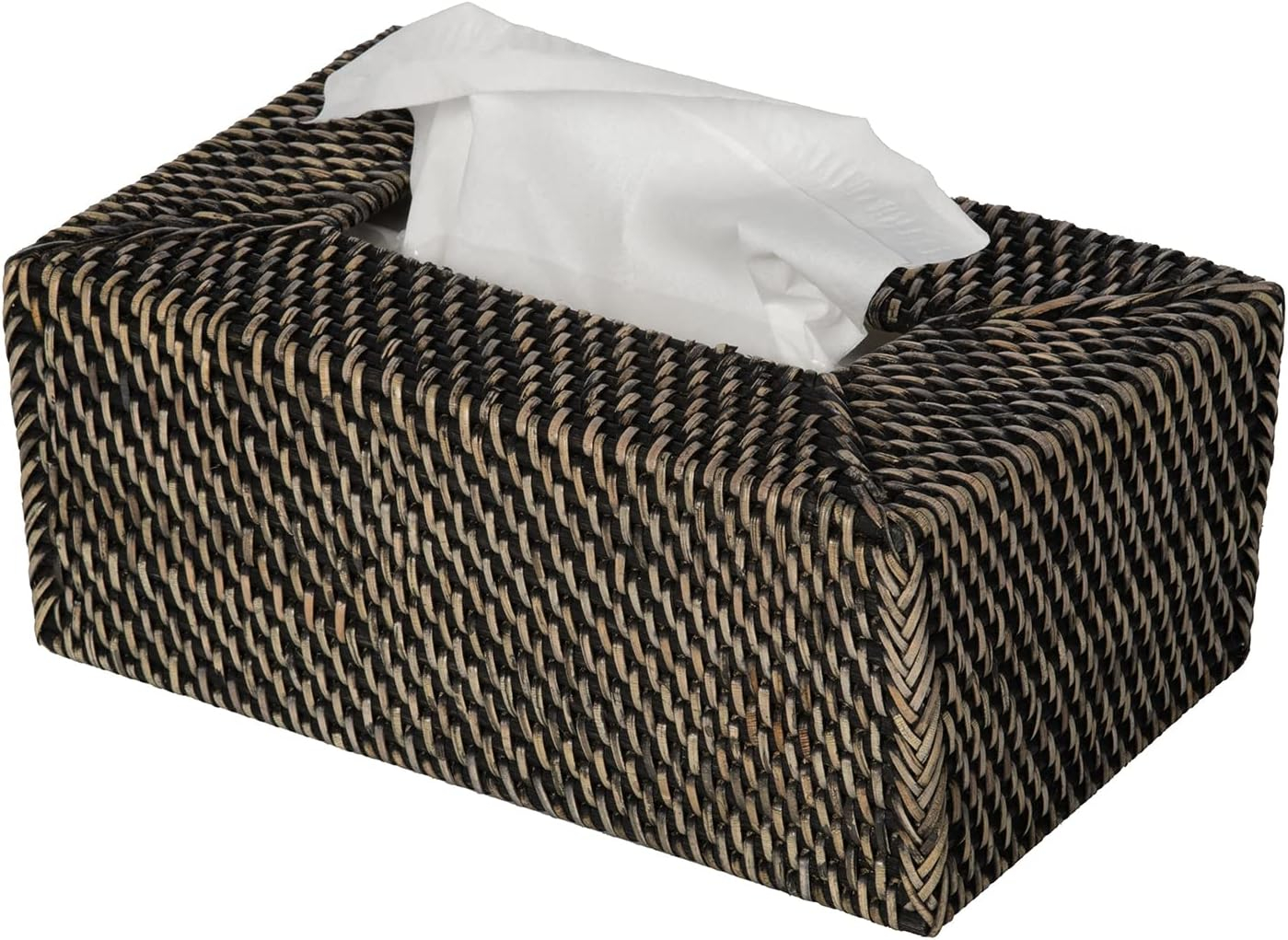 Kouboo Loma Rectangular Rattan Tissue Box Cover Holder, Wicker Decorative Tissue Holder for Living Room, Facial Napkin Holder, Black Antique
