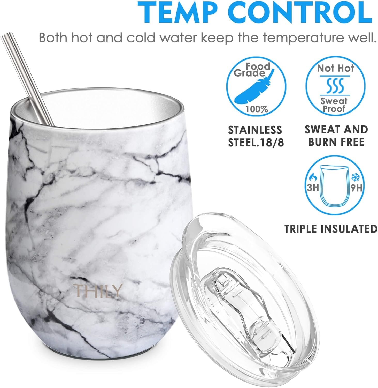 Stainless Steel Stemless Wine Tumbler - THILY 12 oz Triple-Insulated Wine Glass with Lid and Straw, Reusable Travel Coffee Cup, Keep Hot or Cold for Wine, Coffee, Beer, Juice, White Marble