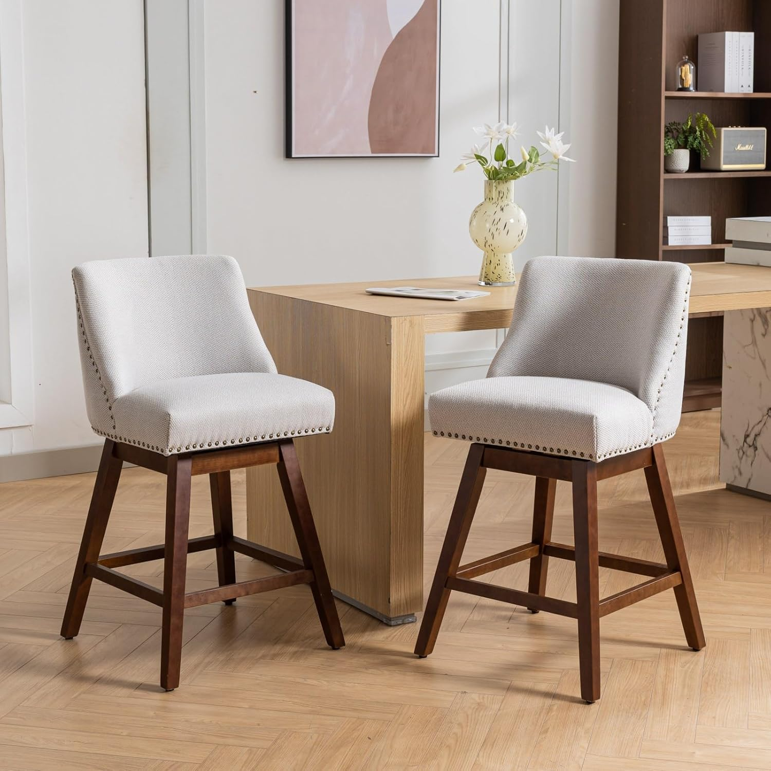 26" Swivel Bar Stools Set of 2, Modern Linen Fabric Counter Stools with Backs and Nail Head Design, Upholstered Barstools with Wood Frame for Kitchen Island, Beige