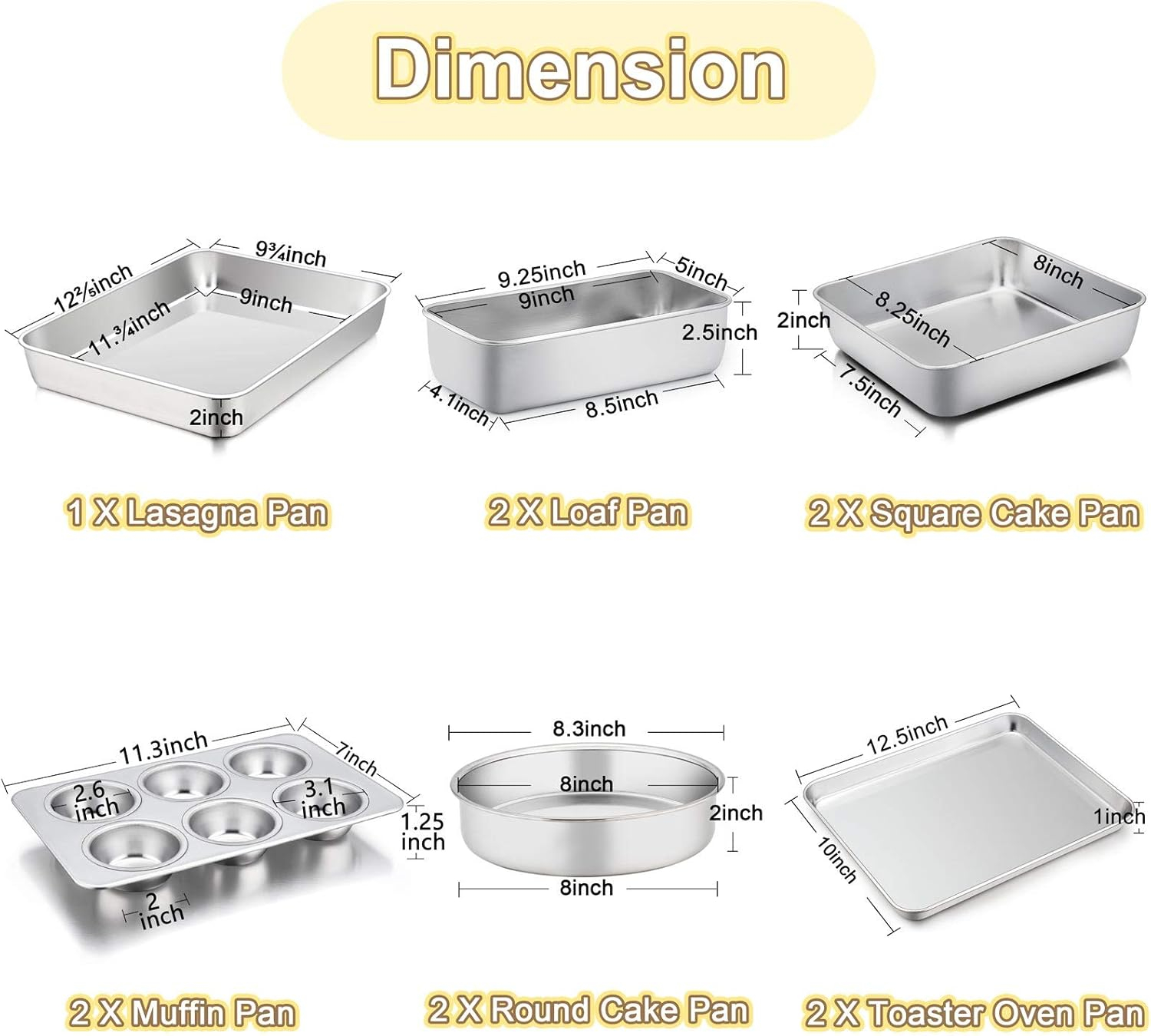 Sets of 11, Stainless Steel Baking Pans Set, Includes Baking Sheets and Rack, Lasagna Pan with Lid, Round/Square Cake Pan, Muffin Pans, Loaf Pan, Reusable & Durable