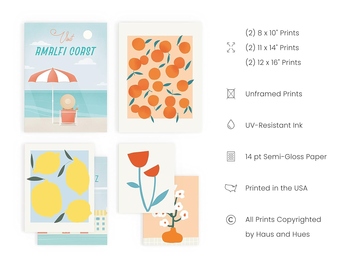 HAUS AND HUES Vintage Travel Posters (Set of 4), Wall Art, Unframed, 12x16 inches, Retro, Italy, Living Room, Bedroom Decor, Watercolor Prints