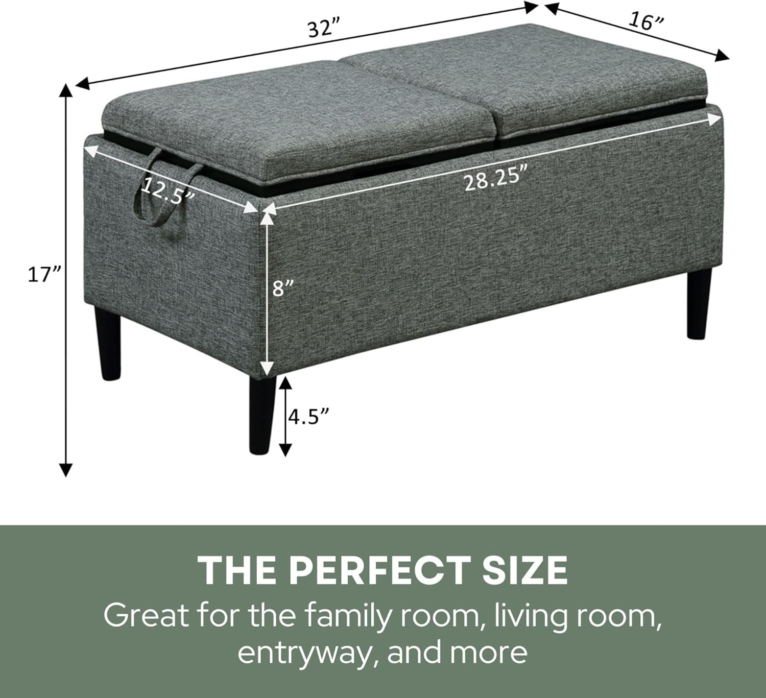 Convenience Concepts Designs4Comfort Magnolia Storage Ottoman with Reversible Trays, Light Charcoal Gray Fabric