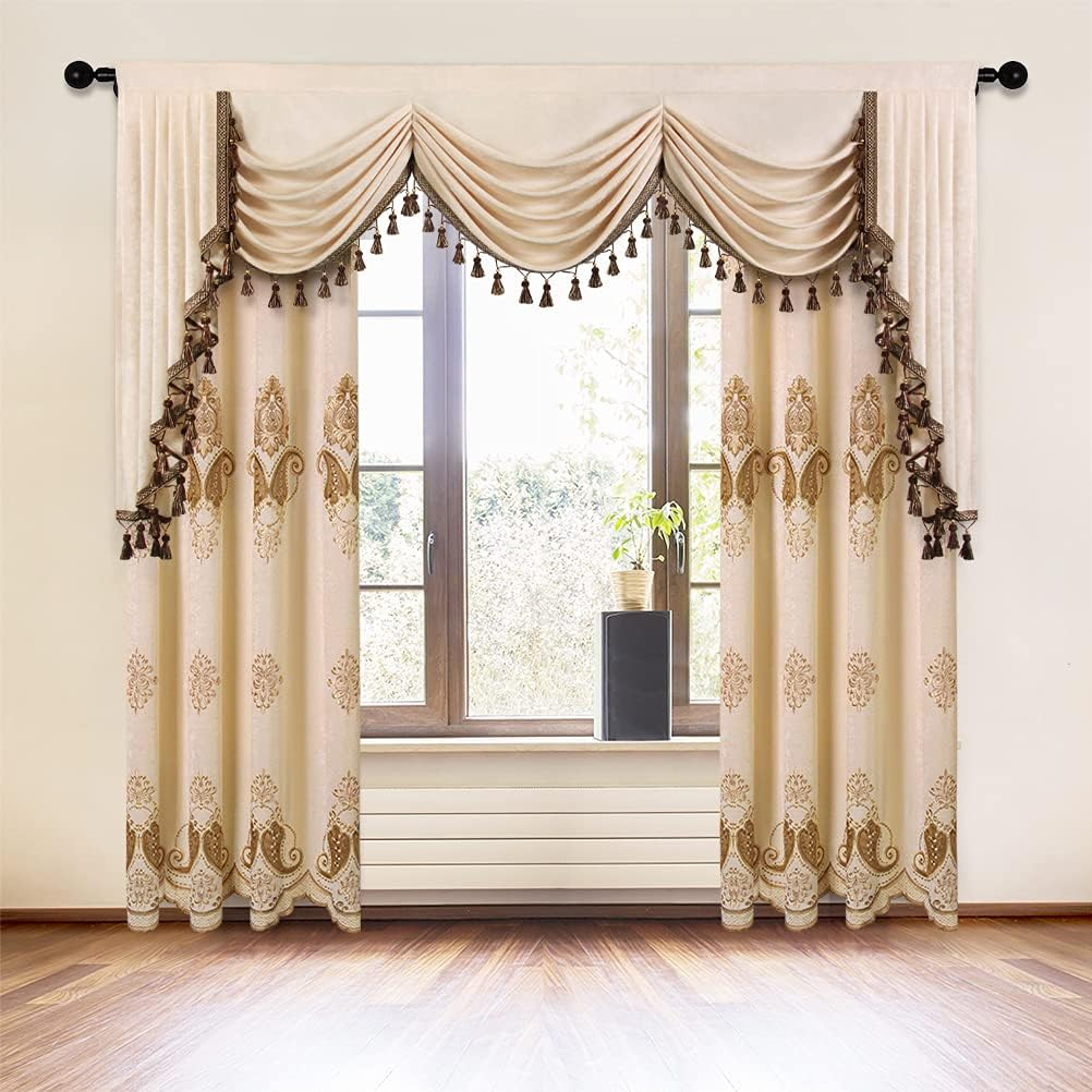 ELKCA Beige Double-Sided Chenille Waterfall Valance for Living Room Luxury Window Curtains Valance for Bedroom,Rod Pocket (Beige, W79 Inch, 1 Panel)