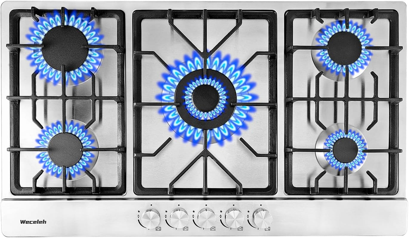 34" Dual Fuel 5 Burner Gas Cooktop with Dual Size Power Burner, Stainless Steel Gas Stove