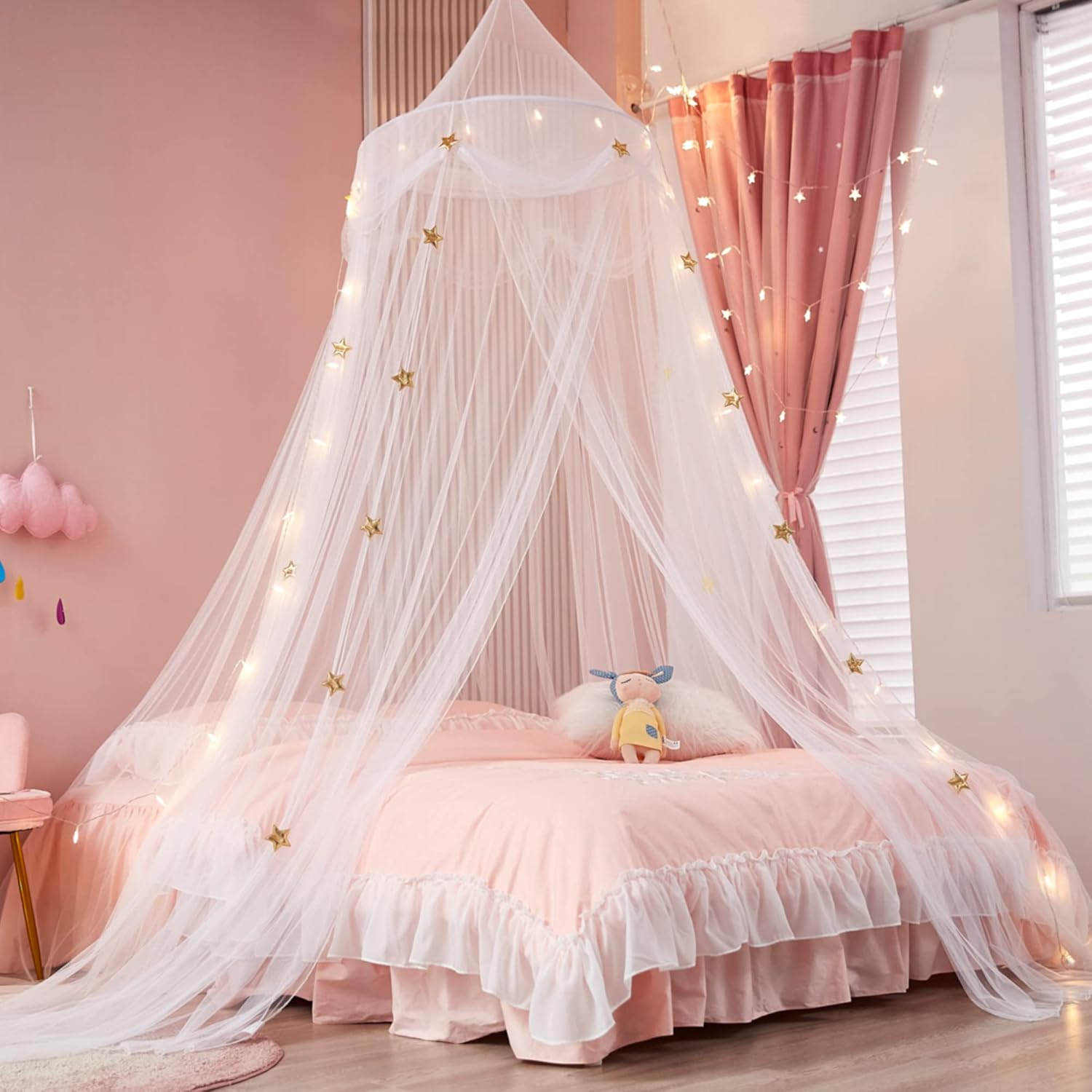 Bed Canopy with Lights for Girls,Gold Star Princess Crib Canopy Curtains,Extra Large Dome Mosquito Net Reading Nook Canopy for Kids Boys Twin Full Queen Size Bed,Fire Retardant Fabric