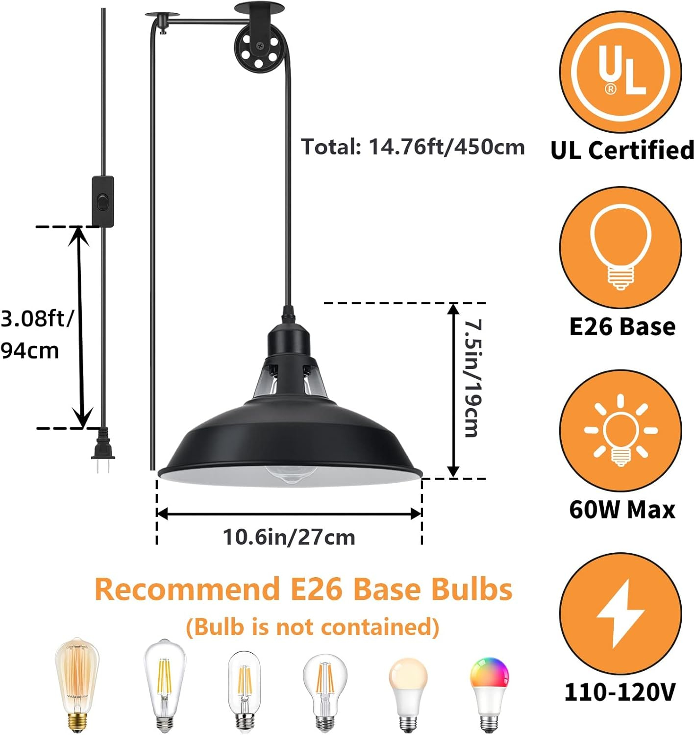 Plug in Pendant Light, Hanging Lamp with Black Barn Pendant Lighting with 14.76ft Cord On/Off Switch, Adjustable Pulley Hanging Pendant Lighting for Kitchen Bedroom Restaurant 2 Pack